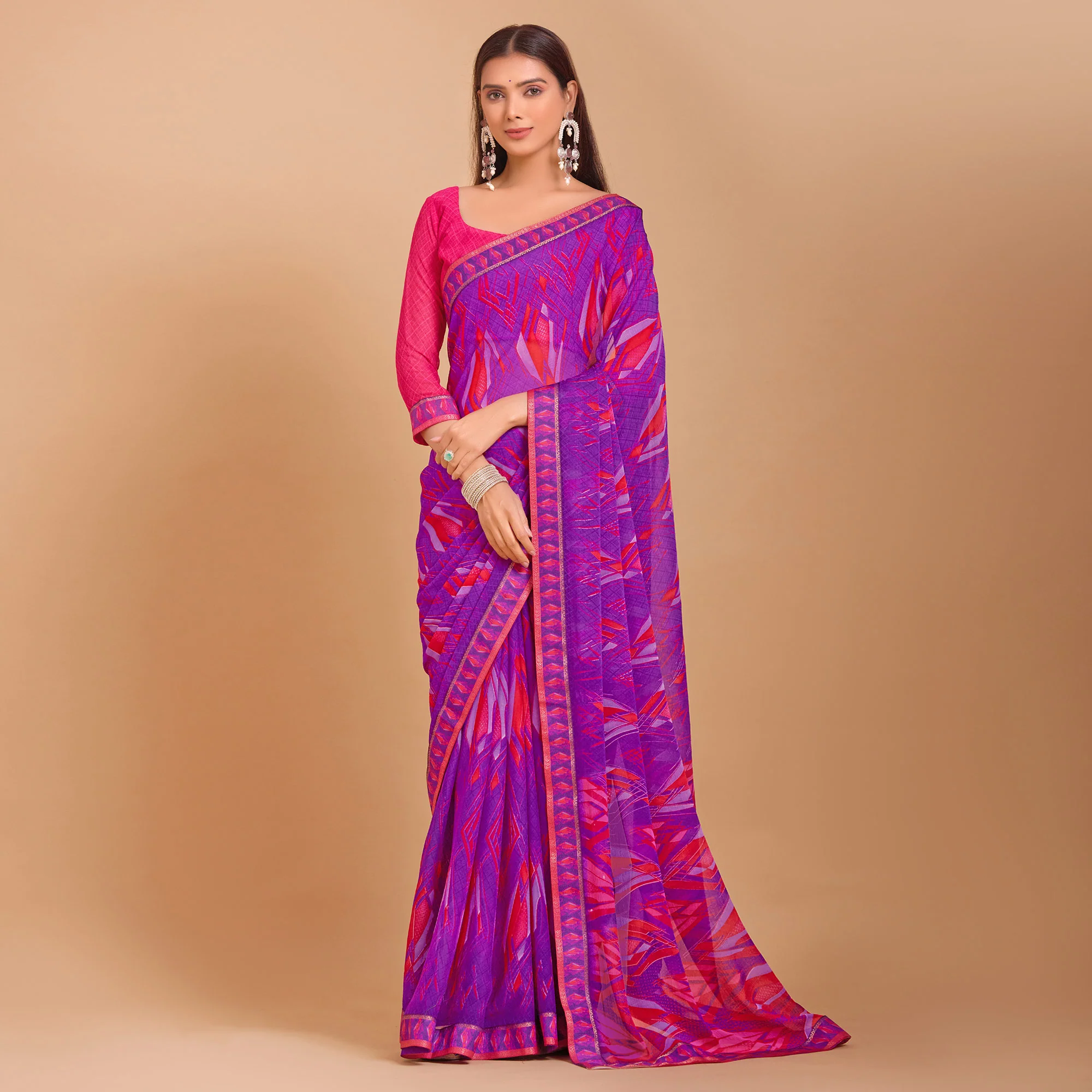 Purple Geometric Printed Chiffon Saree - Image 2