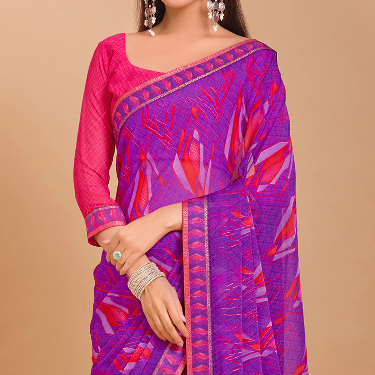 Purple Geometric Printed Chiffon Saree - Image 3