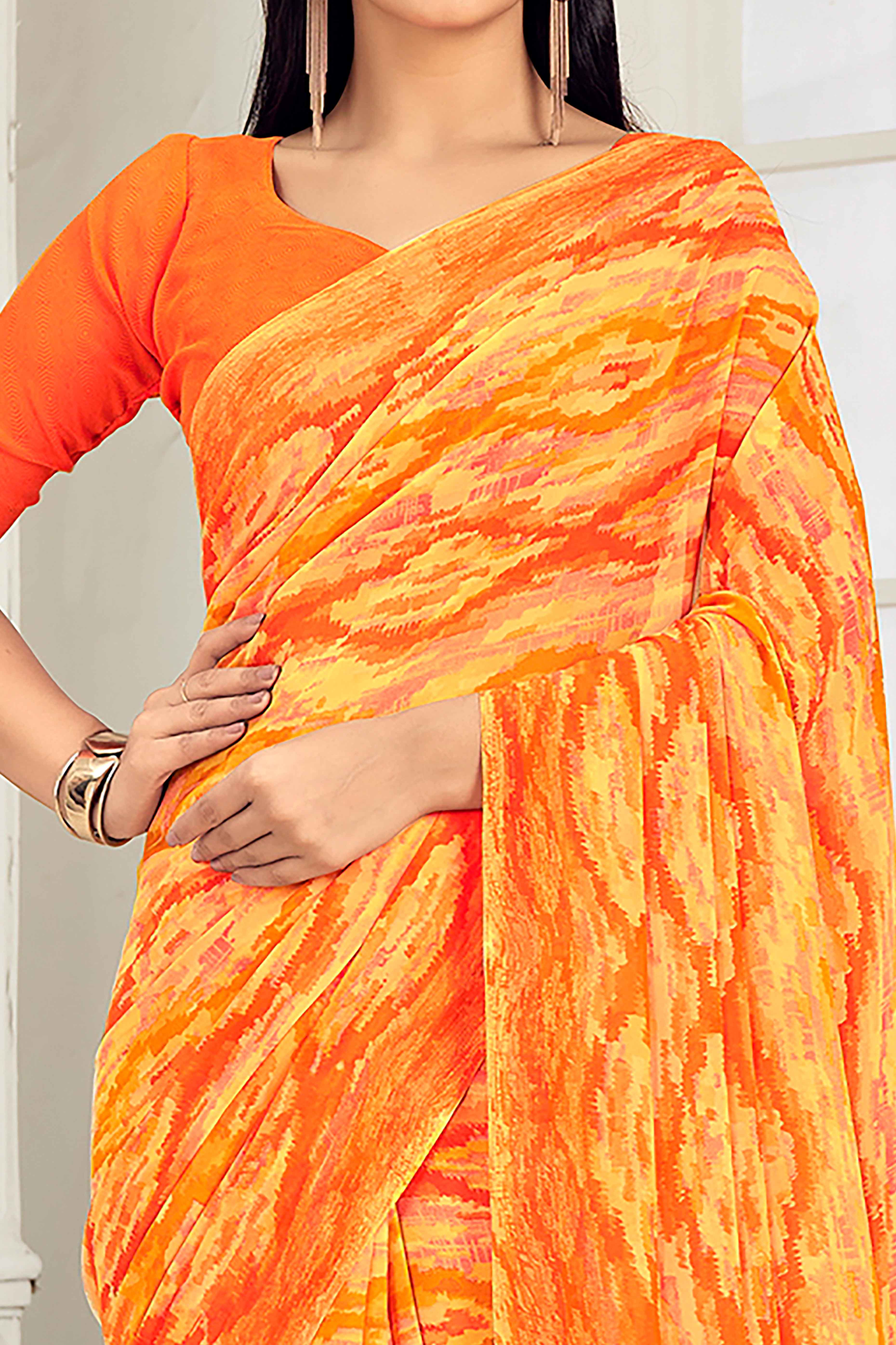 Orange Georgette Saree With Artistic Abstract Print - Image 2