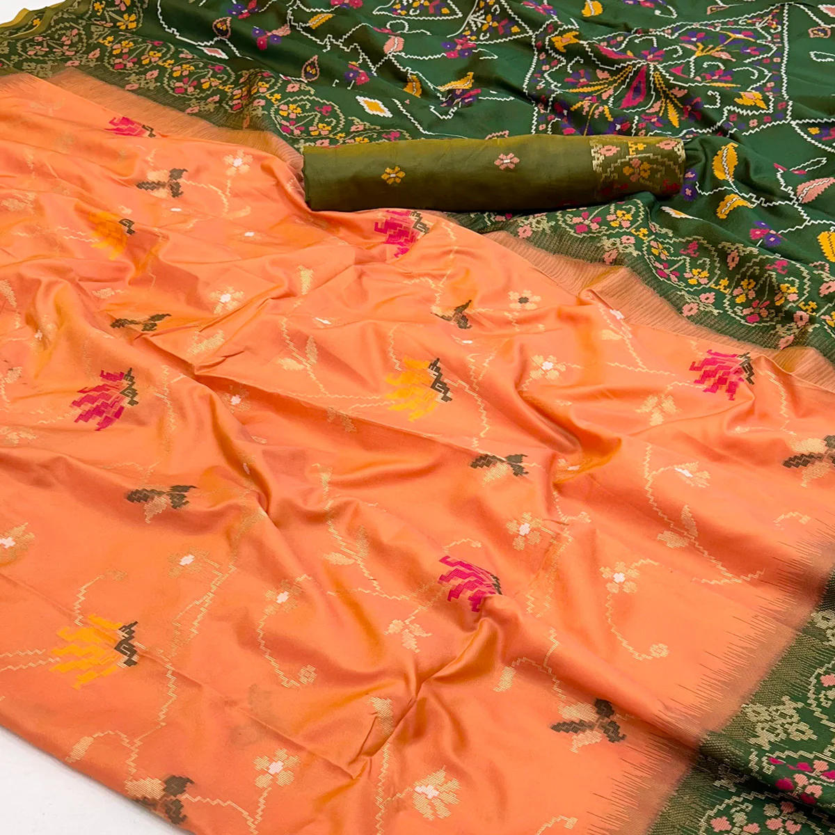 Orange & Green Floral Woven Pure Silk Saree - Image 2