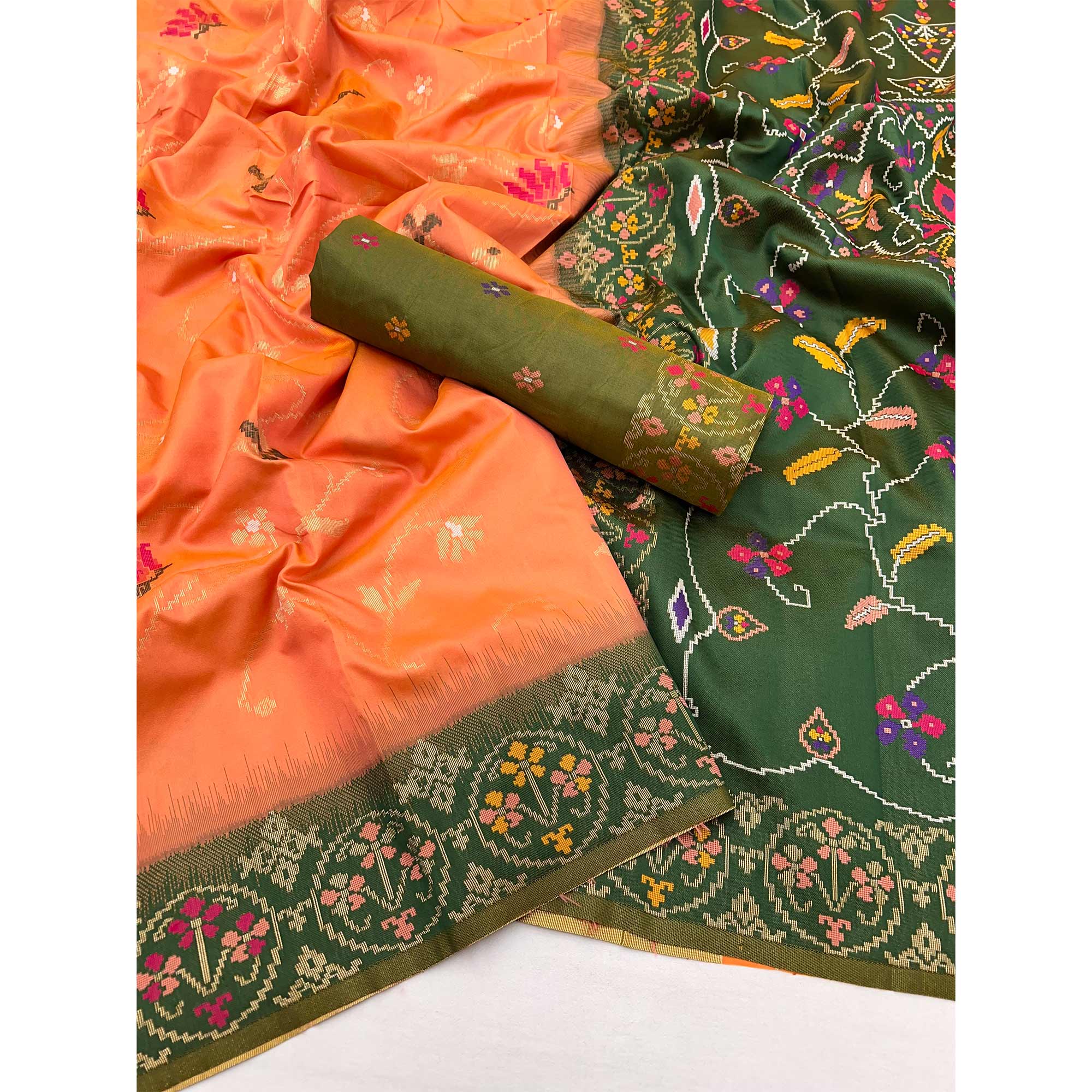 Orange & Green Floral Woven Pure Silk Saree - Image 3