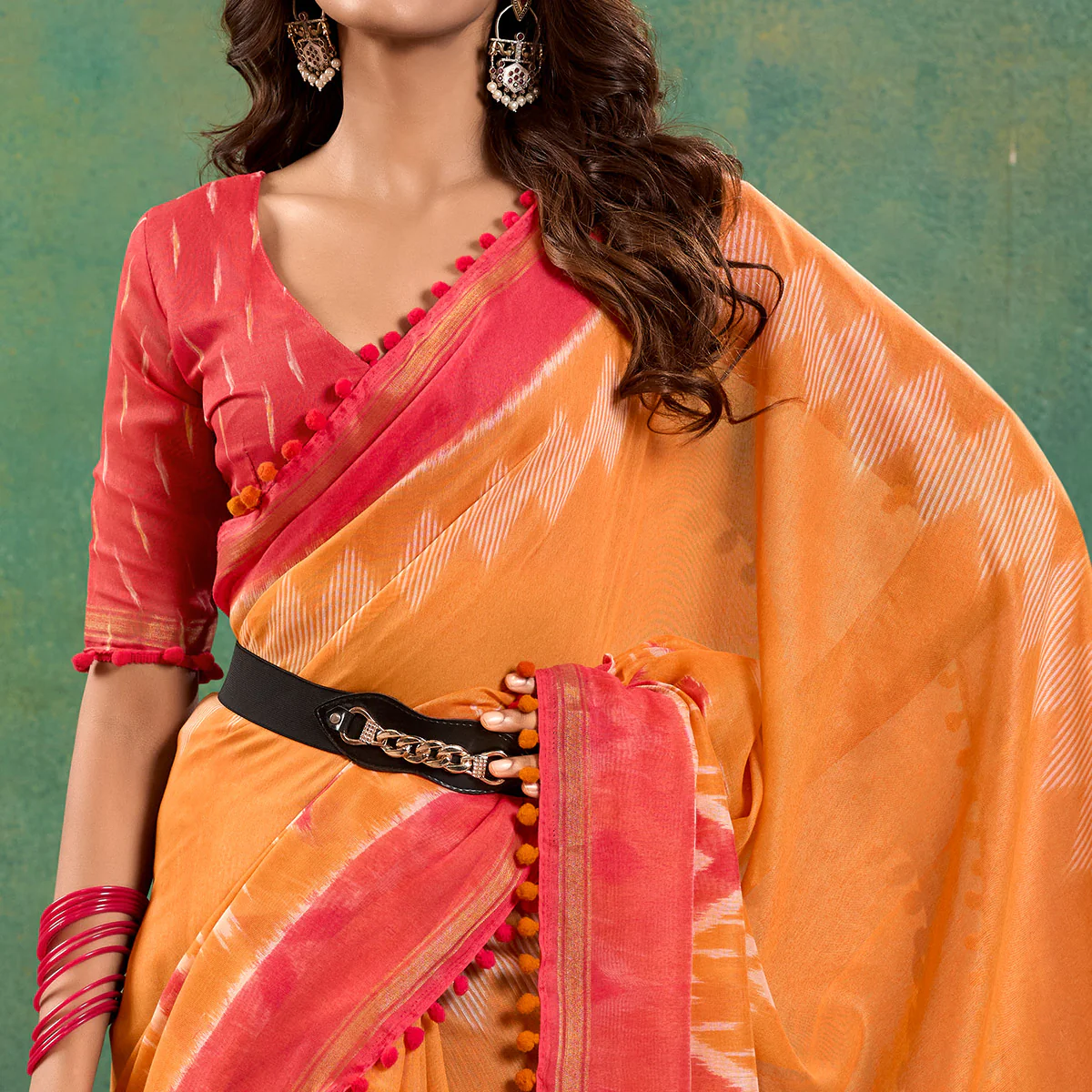 Orange Ikkat Printed Mul Mul Cotton Saree - Image 3