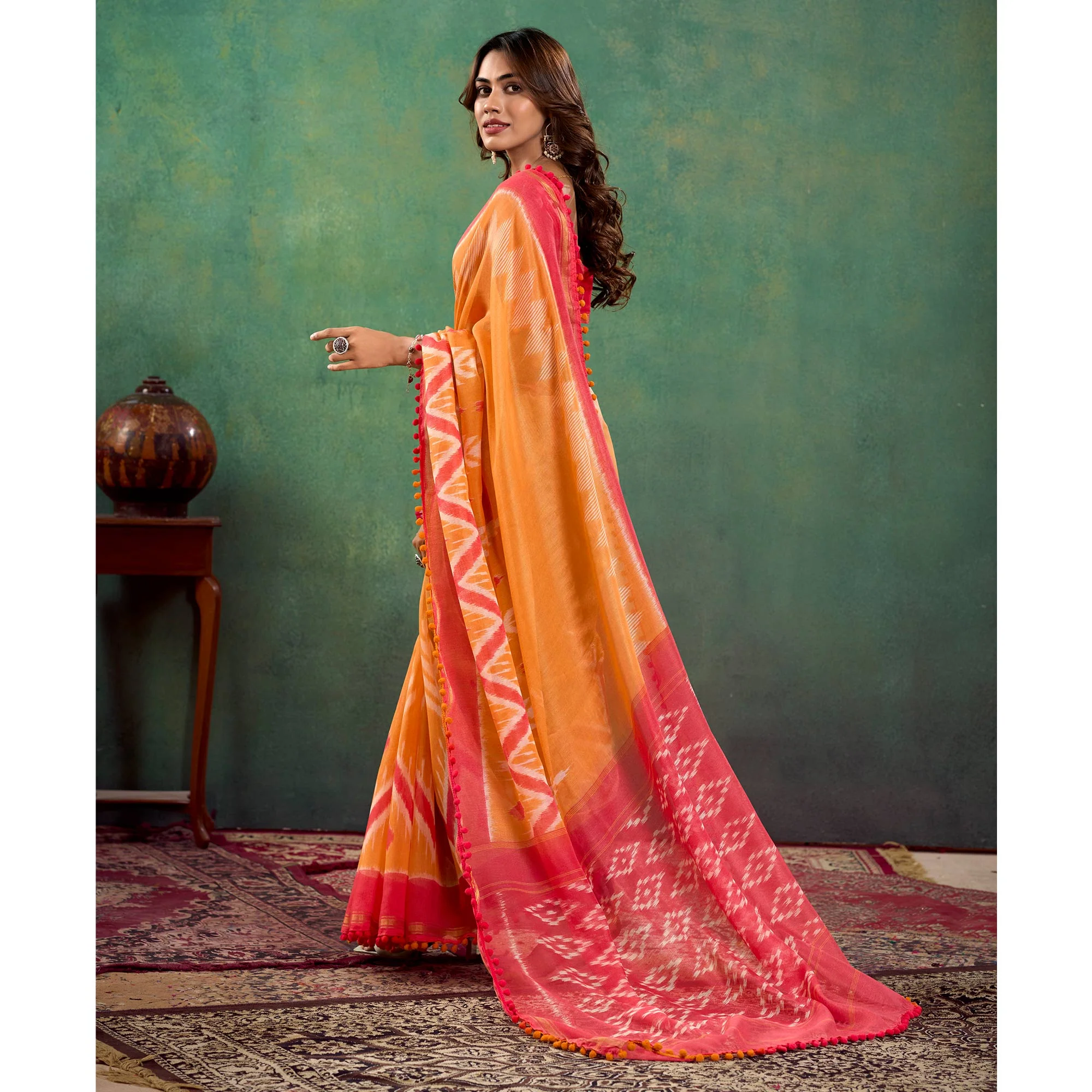 Orange Ikkat Printed Mul Mul Cotton Saree - Image 4