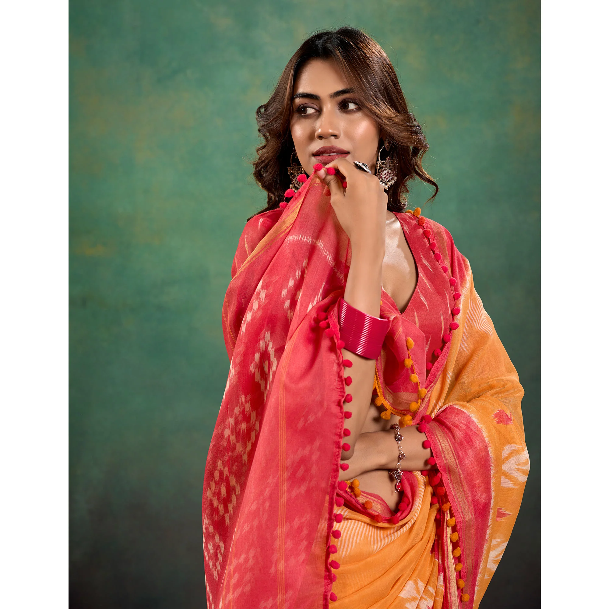 Orange Ikkat Printed Mul Mul Cotton Saree - Image 5
