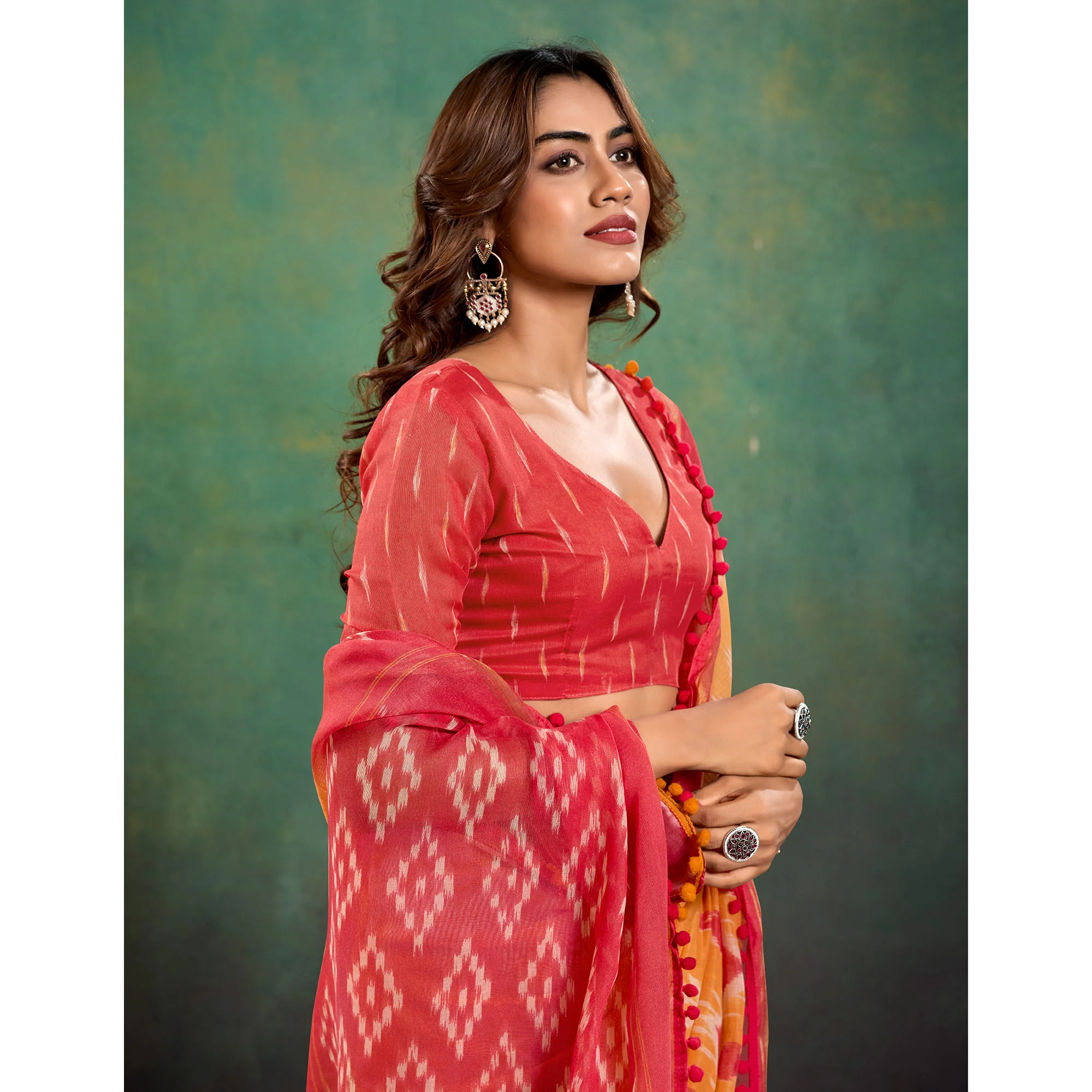 Orange Ikkat Printed Mul Mul Cotton Saree - Image 6