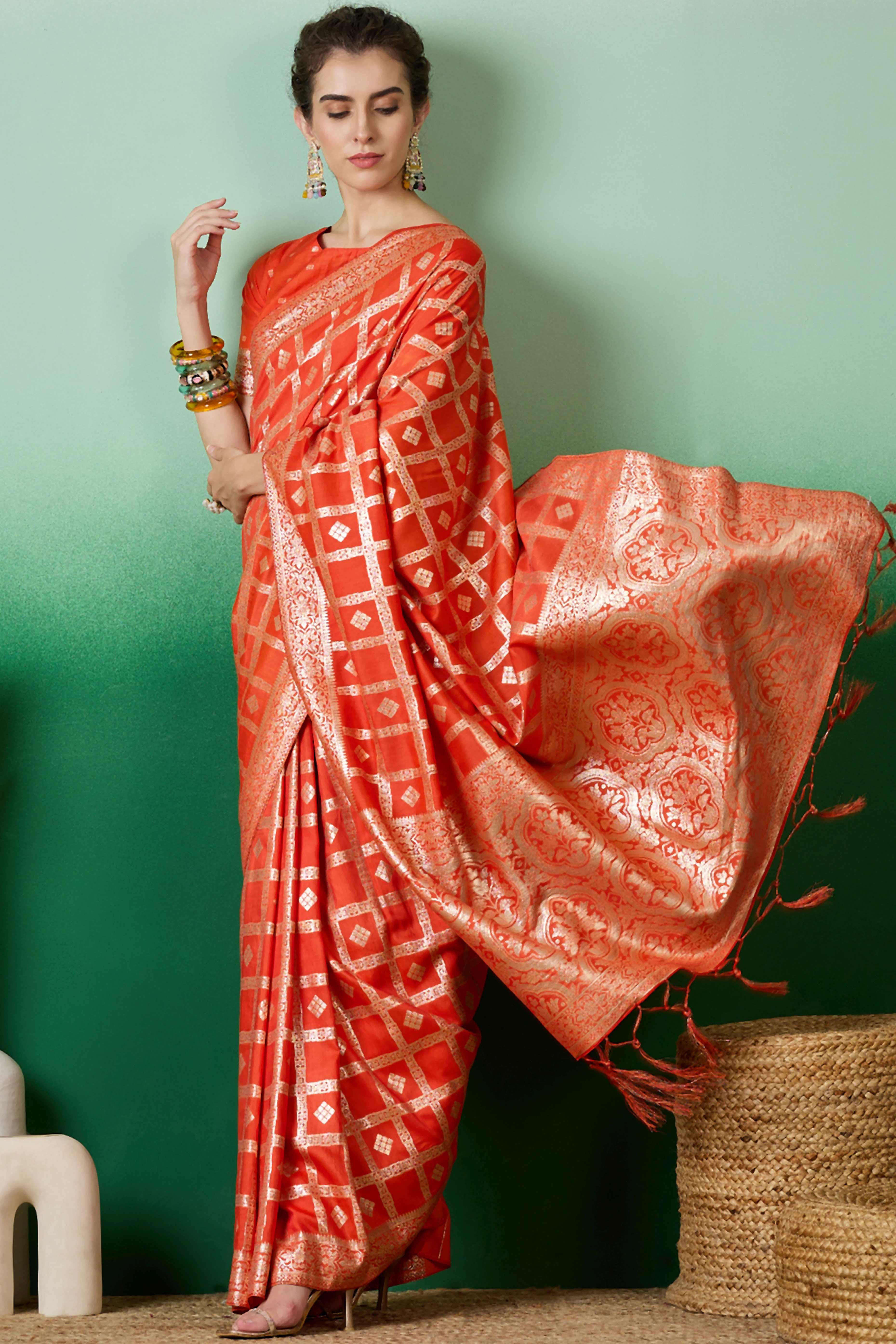 Orange Jacquard Saree In Cotton Blend Featuring Elegant Floral Weaving & A Tasselled Pallu - Image 3