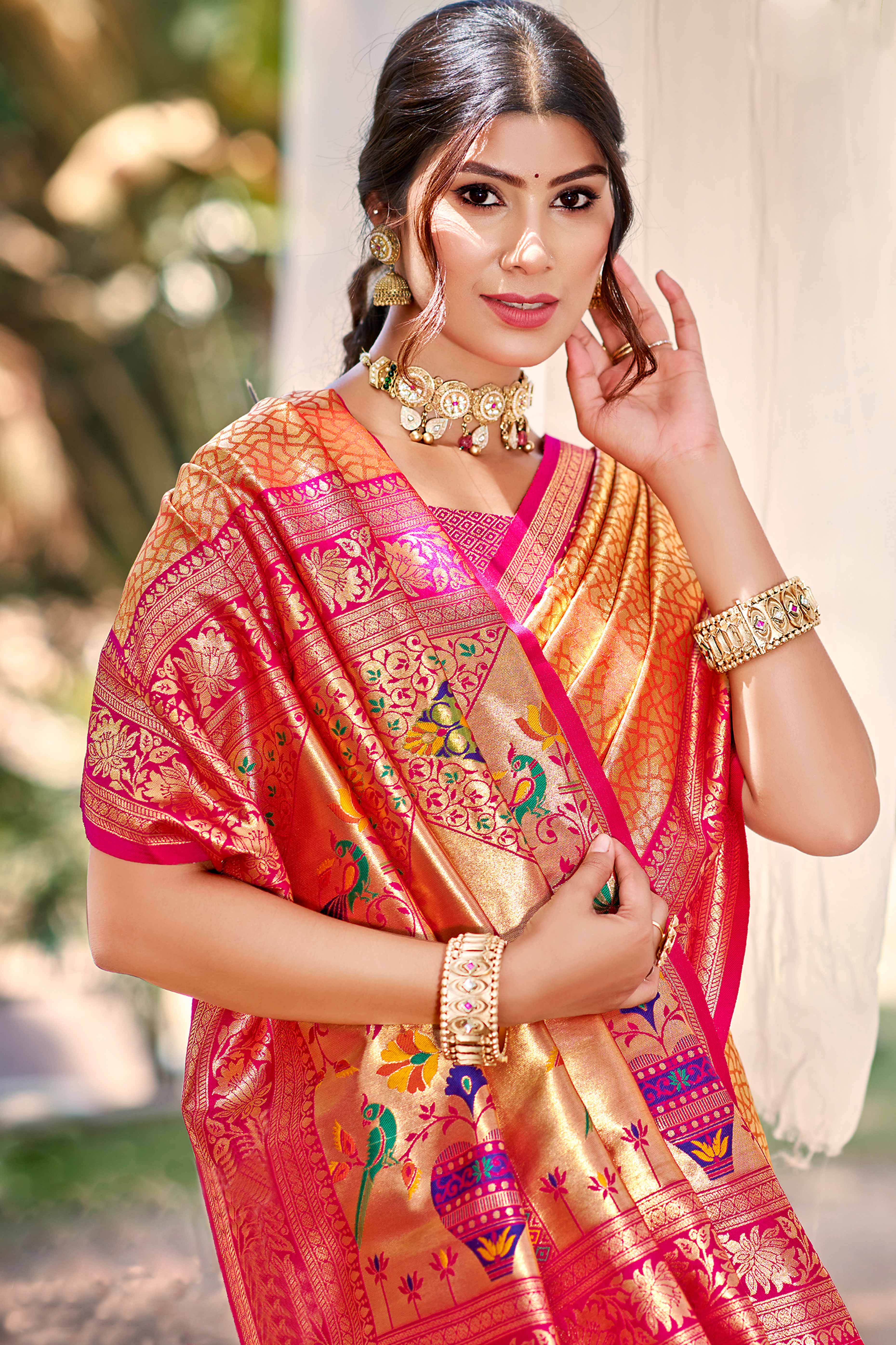 Orange Kanjivaram Silk Paithani Saree With Elegant Floral Weaving & Tassel Pallu - Image 3