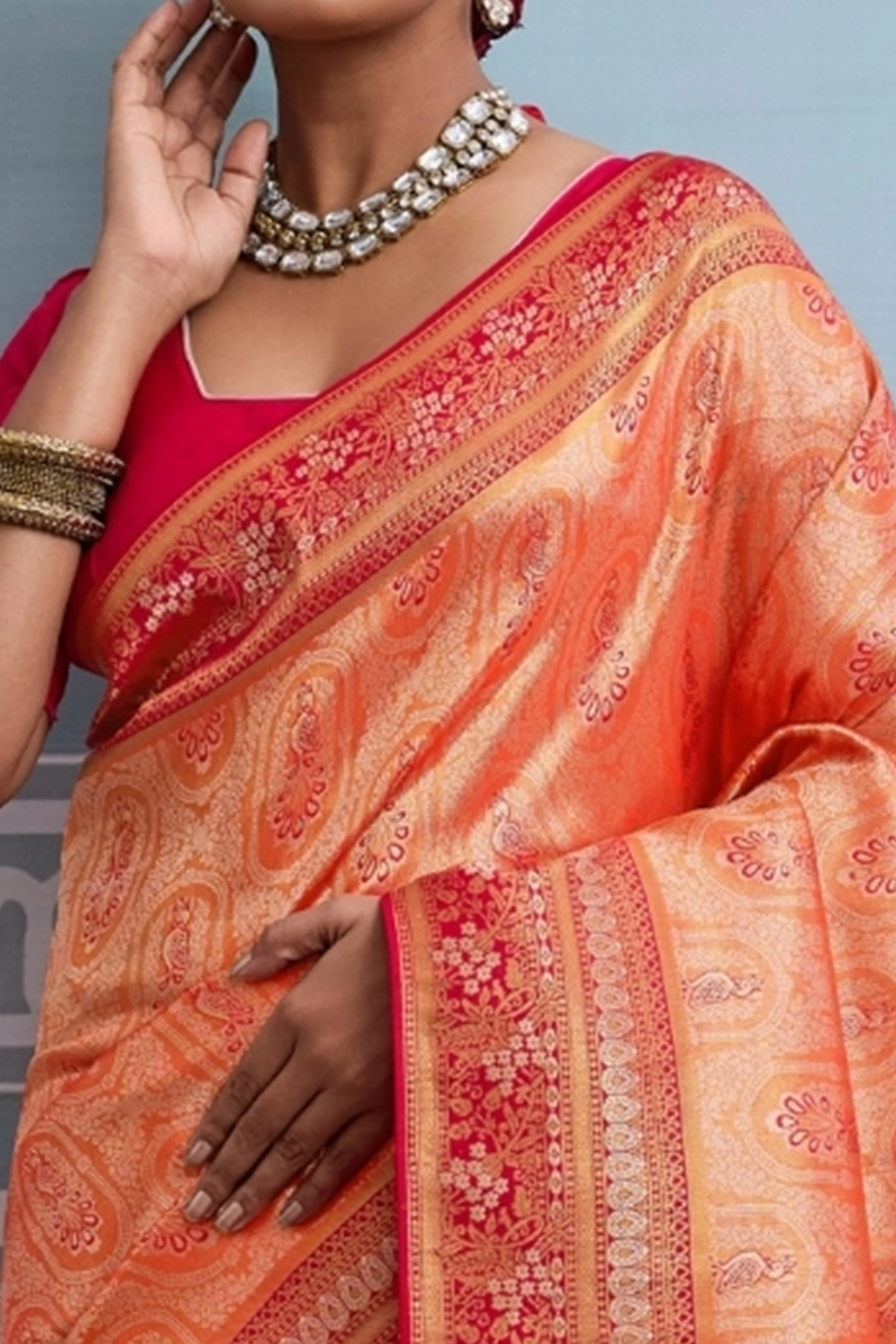 Orange Kanjivaram Silk Saree Accented with Traditional Zari Work - Image 2