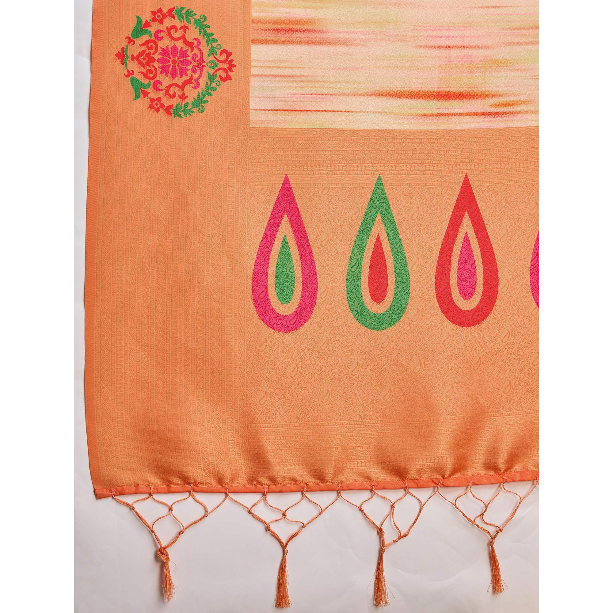 Orange Kanoko Print Weaving Soft Banarasi Silk Saree - Image 8