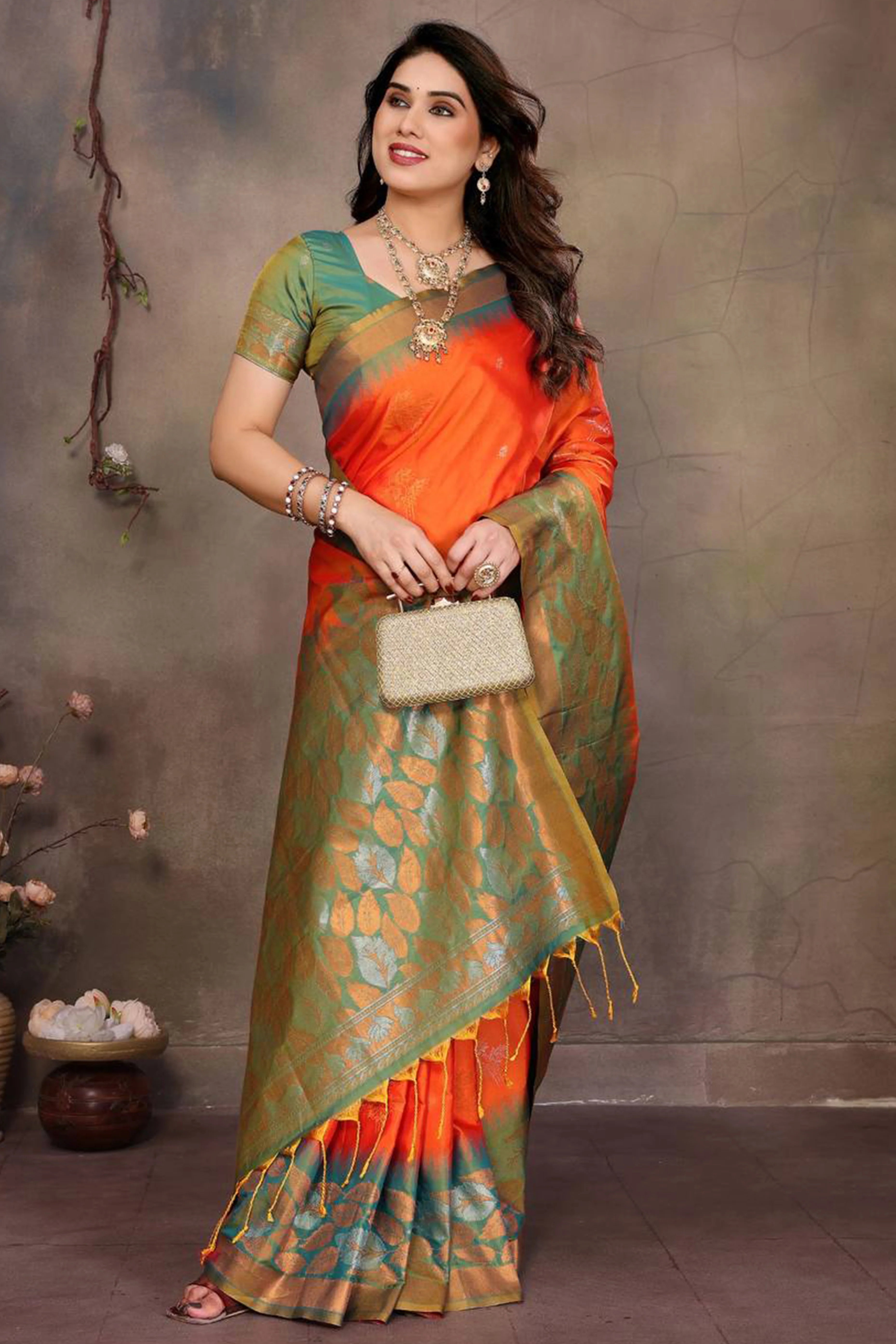 Orange Leaf & Floral Motif Banarasi Silk Saree With Luxurious Zari Weaving Two Tone Weaving - Image 3