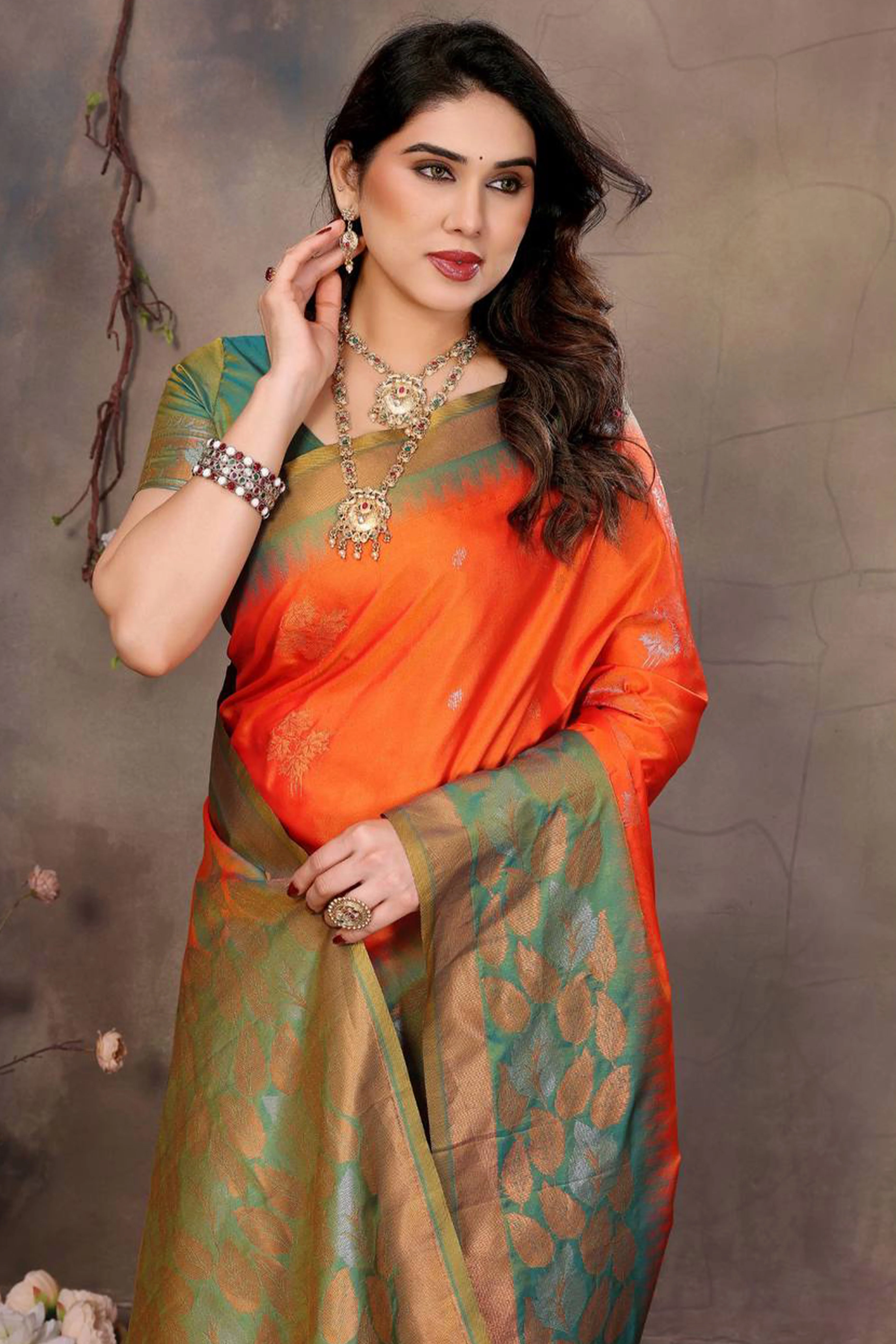 Orange Leaf & Floral Motif Banarasi Silk Saree With Luxurious Zari Weaving Two Tone Weaving - Image 6