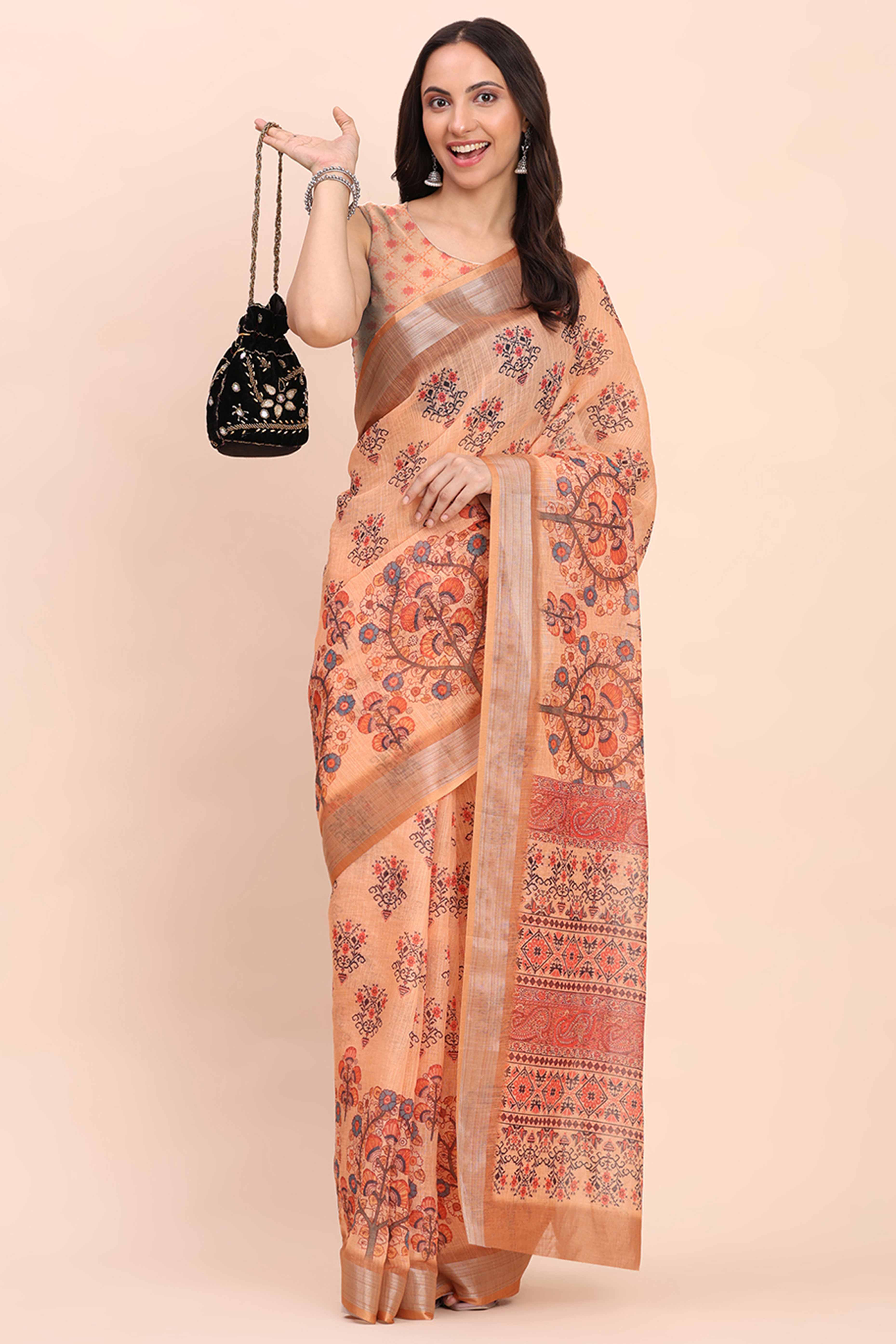 Orange Linen Cotton Saree Featuring Floral Prints & Woven Border - Image 5