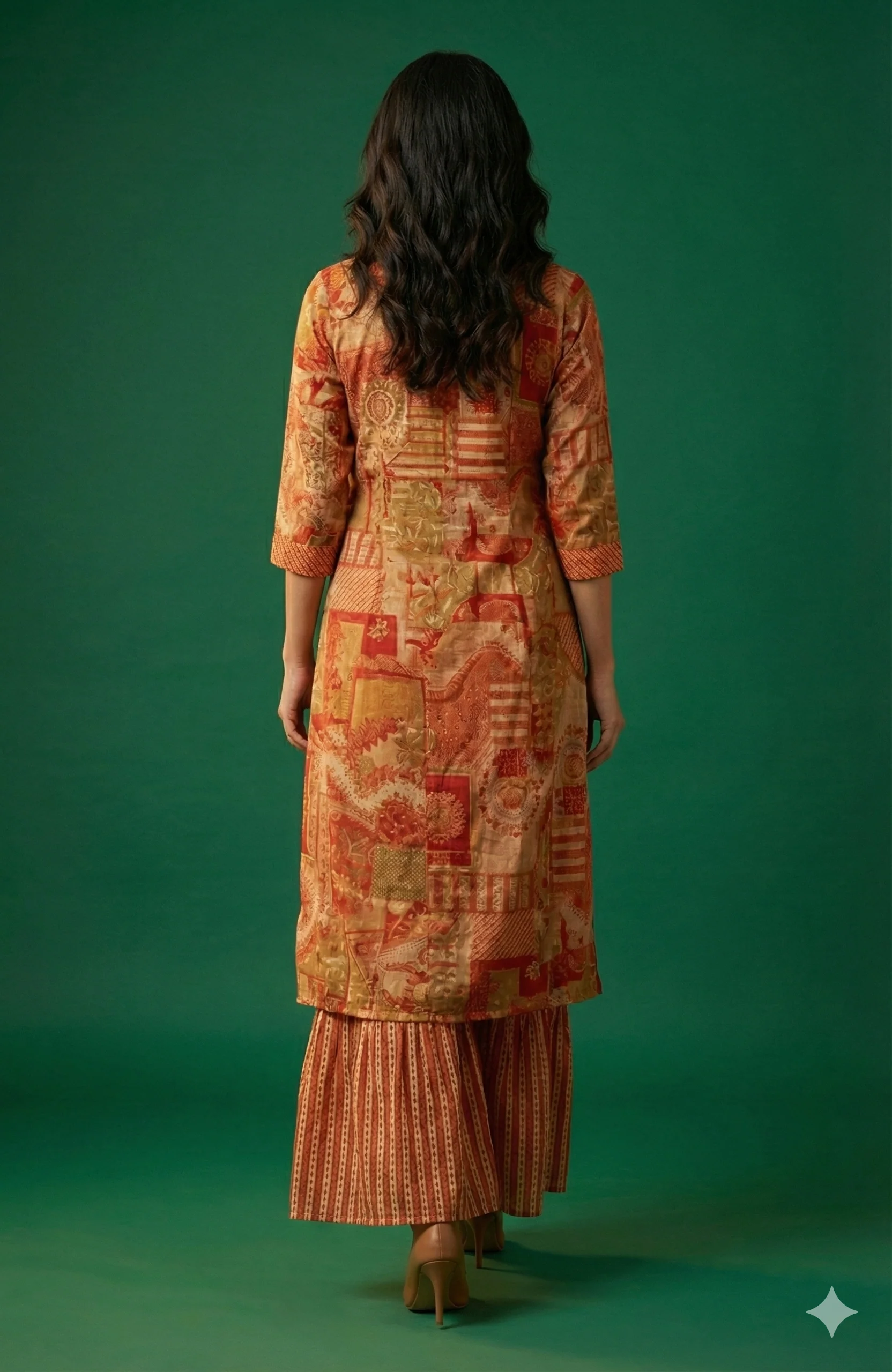 Orange Muslin Printed & Embroidered Crop Top Ensemble with Coordinating Shrug and Palazzos - Image 3