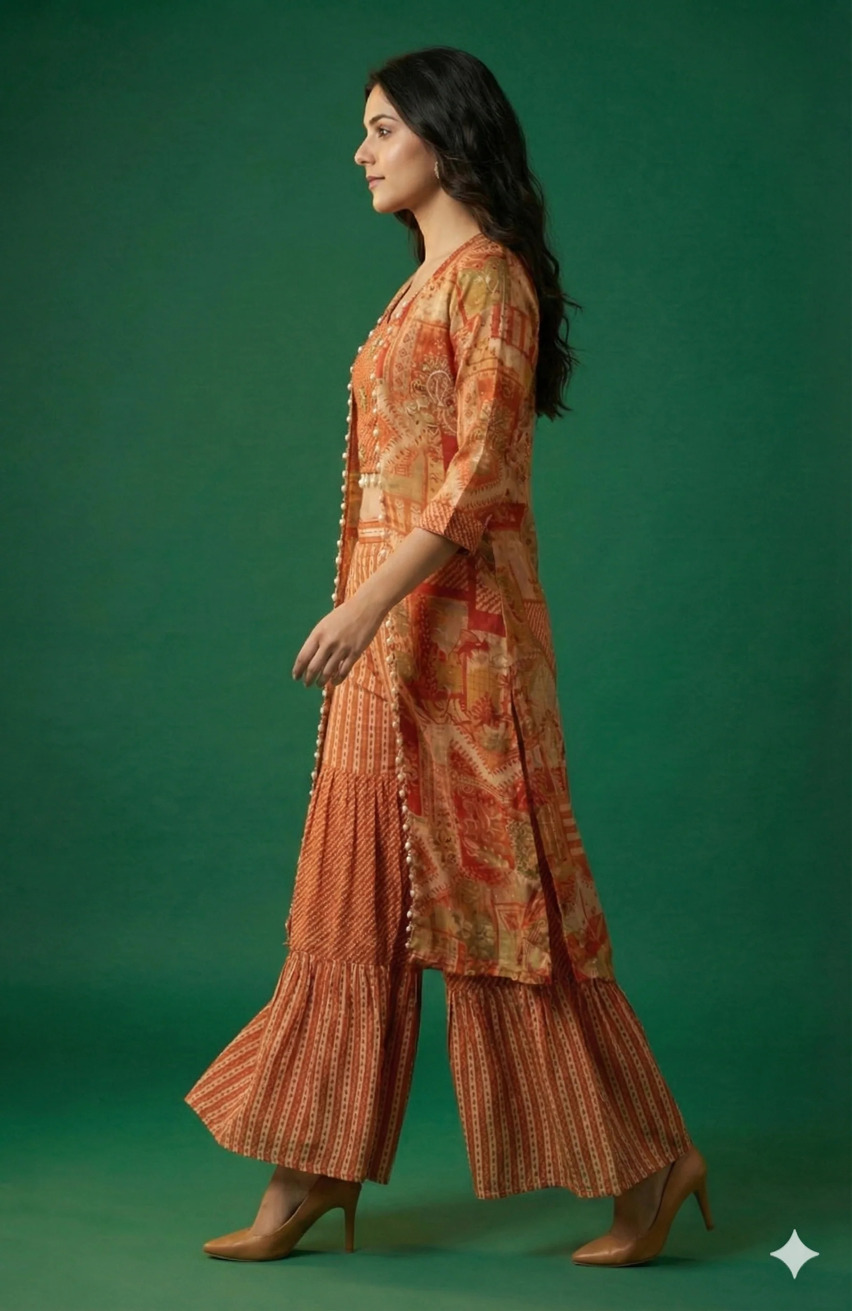 Orange Muslin Printed & Embroidered Crop Top Ensemble with Coordinating Shrug and Palazzos - Image 4