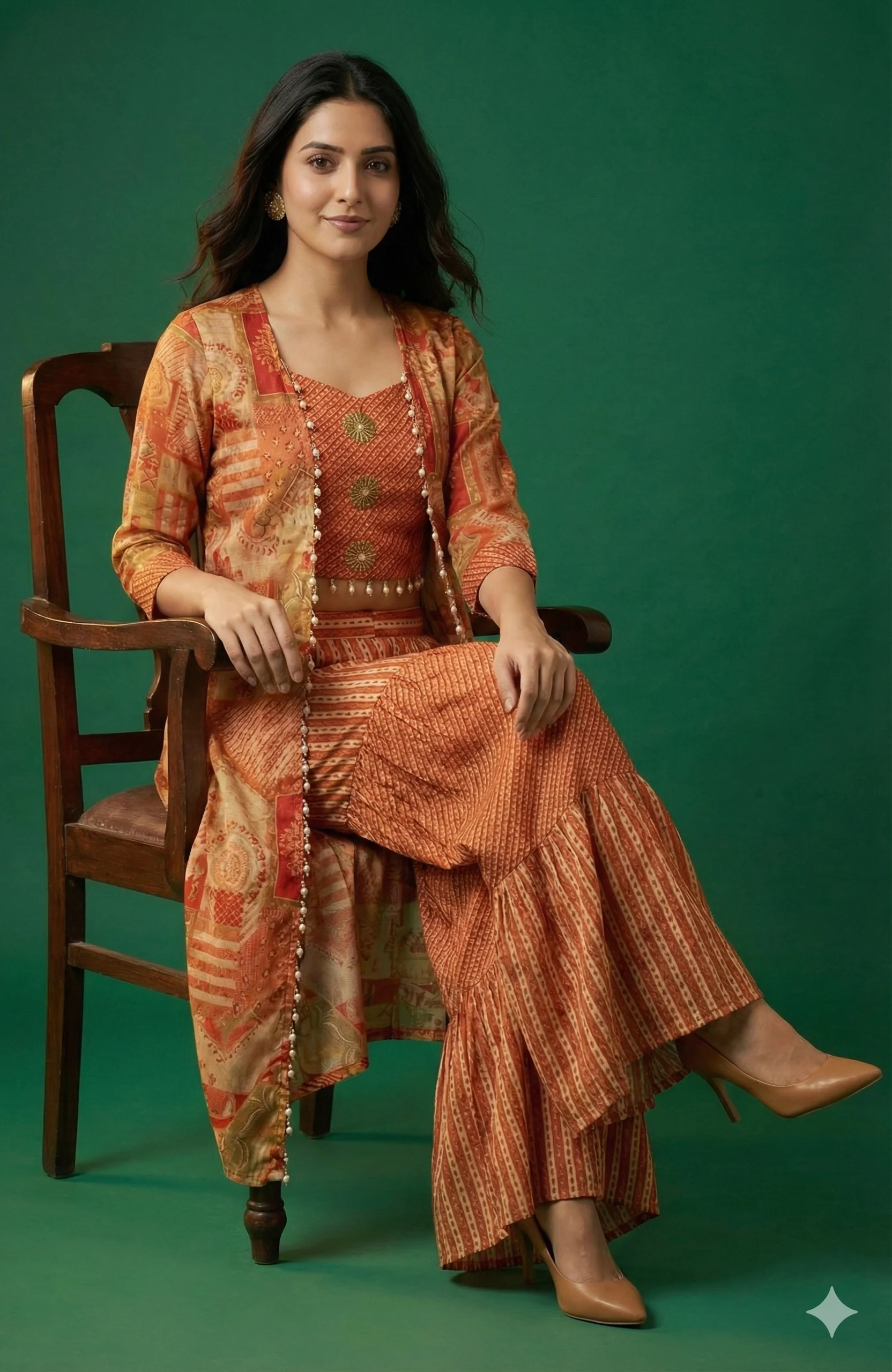 Orange Muslin Printed & Embroidered Crop Top Ensemble with Coordinating Shrug and Palazzos - Image 5