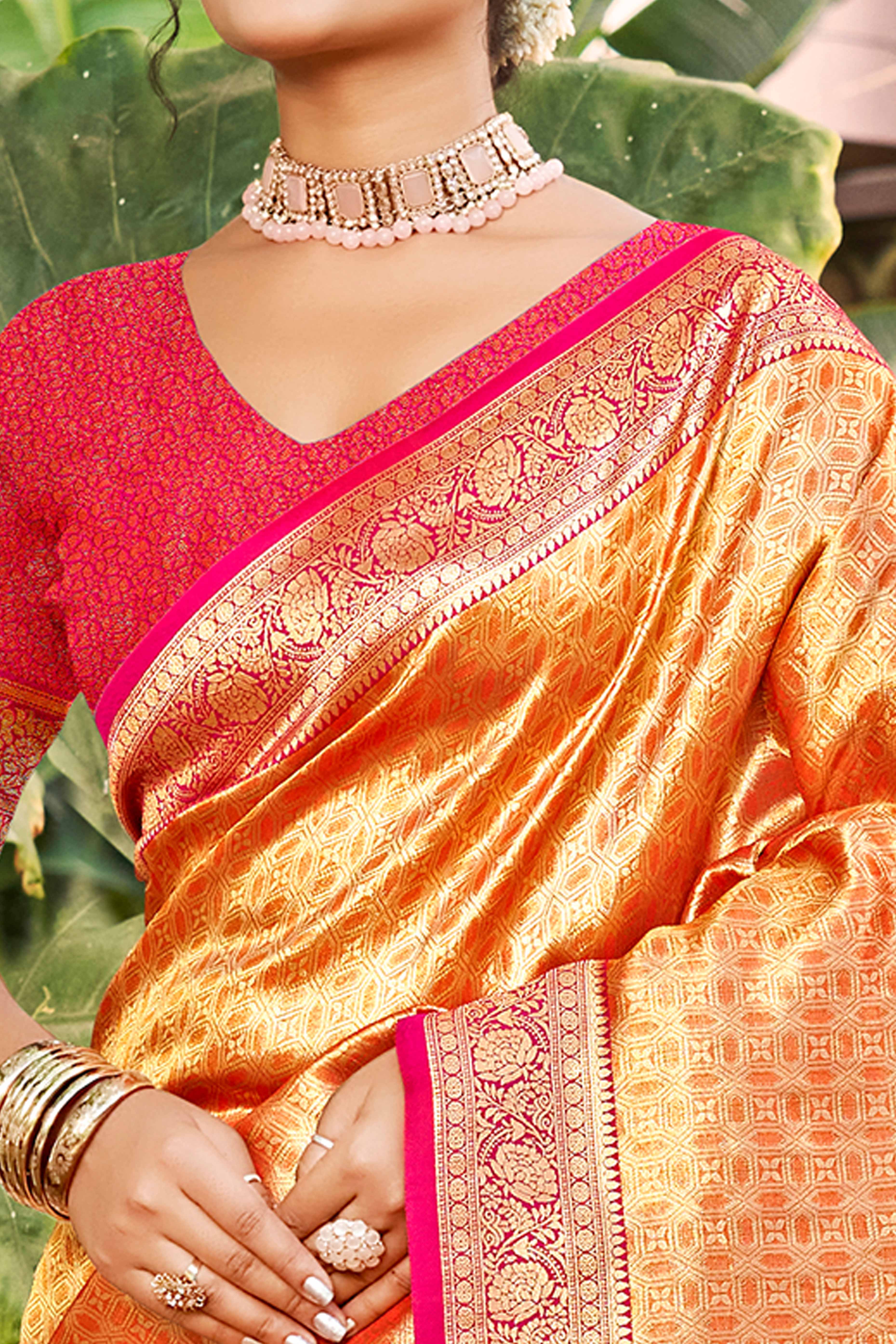 Orange Paithani Saree In Kanjivaram Silk Adorned With Intricate Floral Weaving - Image 2