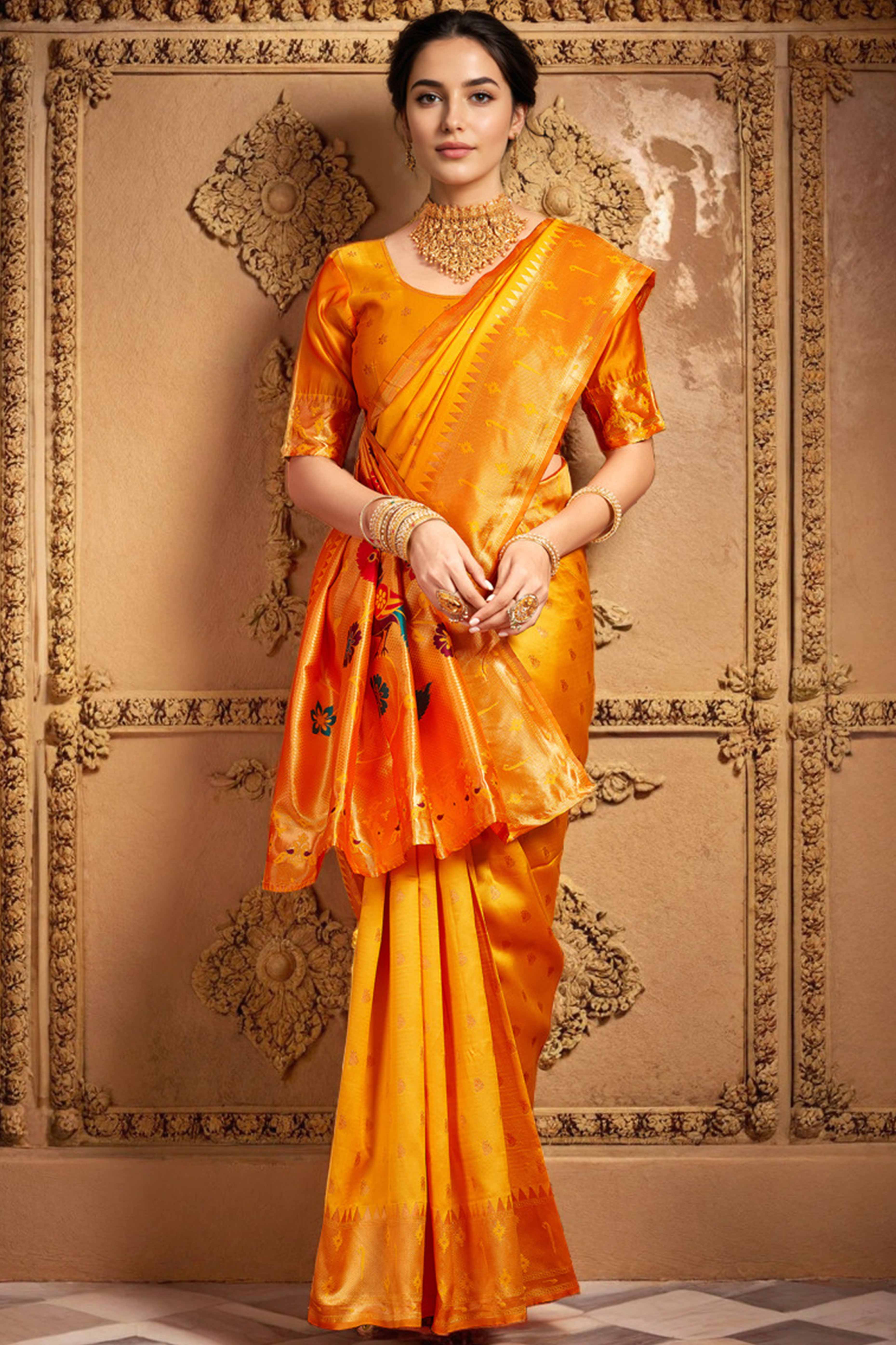 Orange Paithani Saree In Silk Blend Highlighted With Zari Woven Peacock & Floral Motifs - Image 3