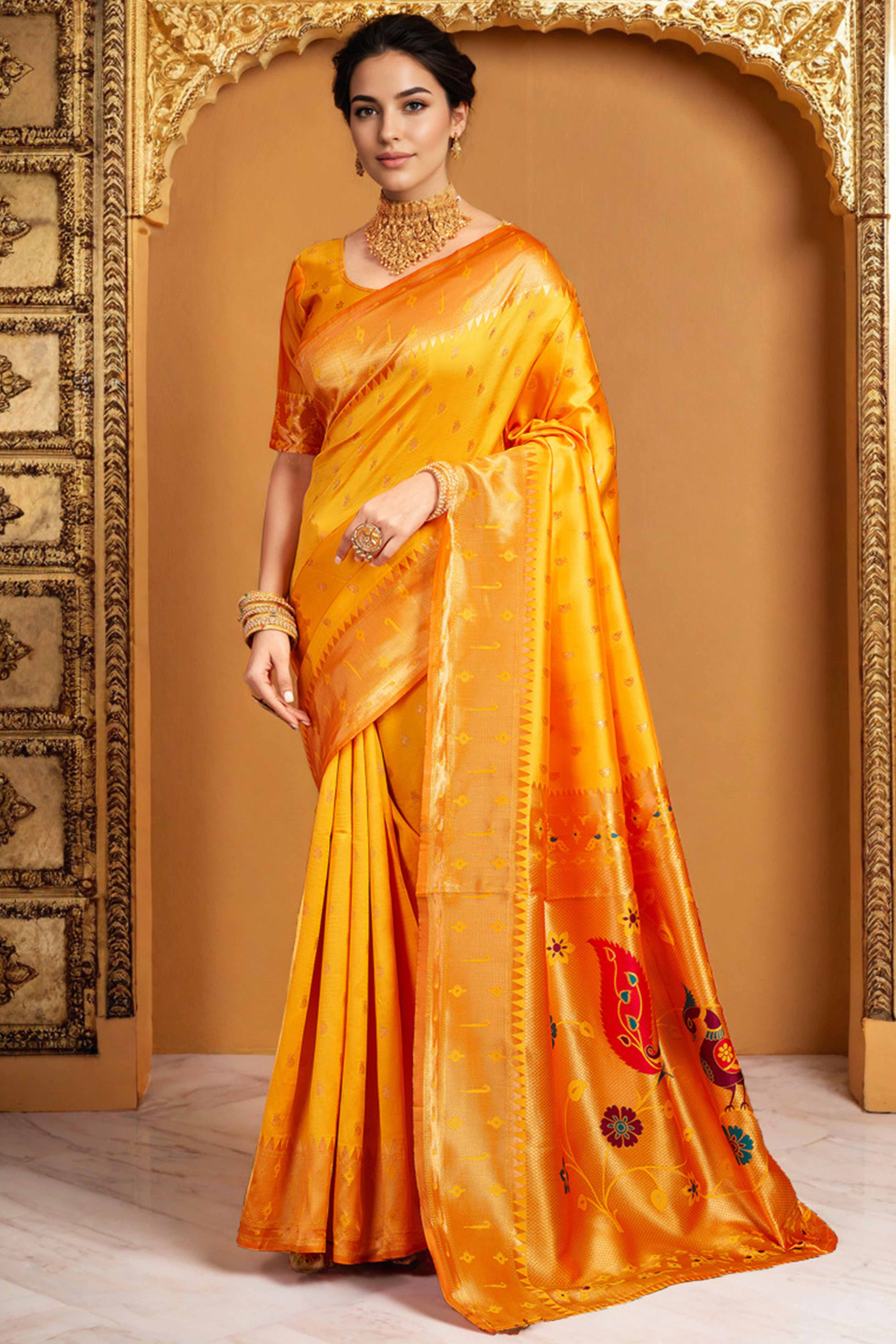 Orange Paithani Saree In Silk Blend Highlighted With Zari Woven Peacock & Floral Motifs - Image 4