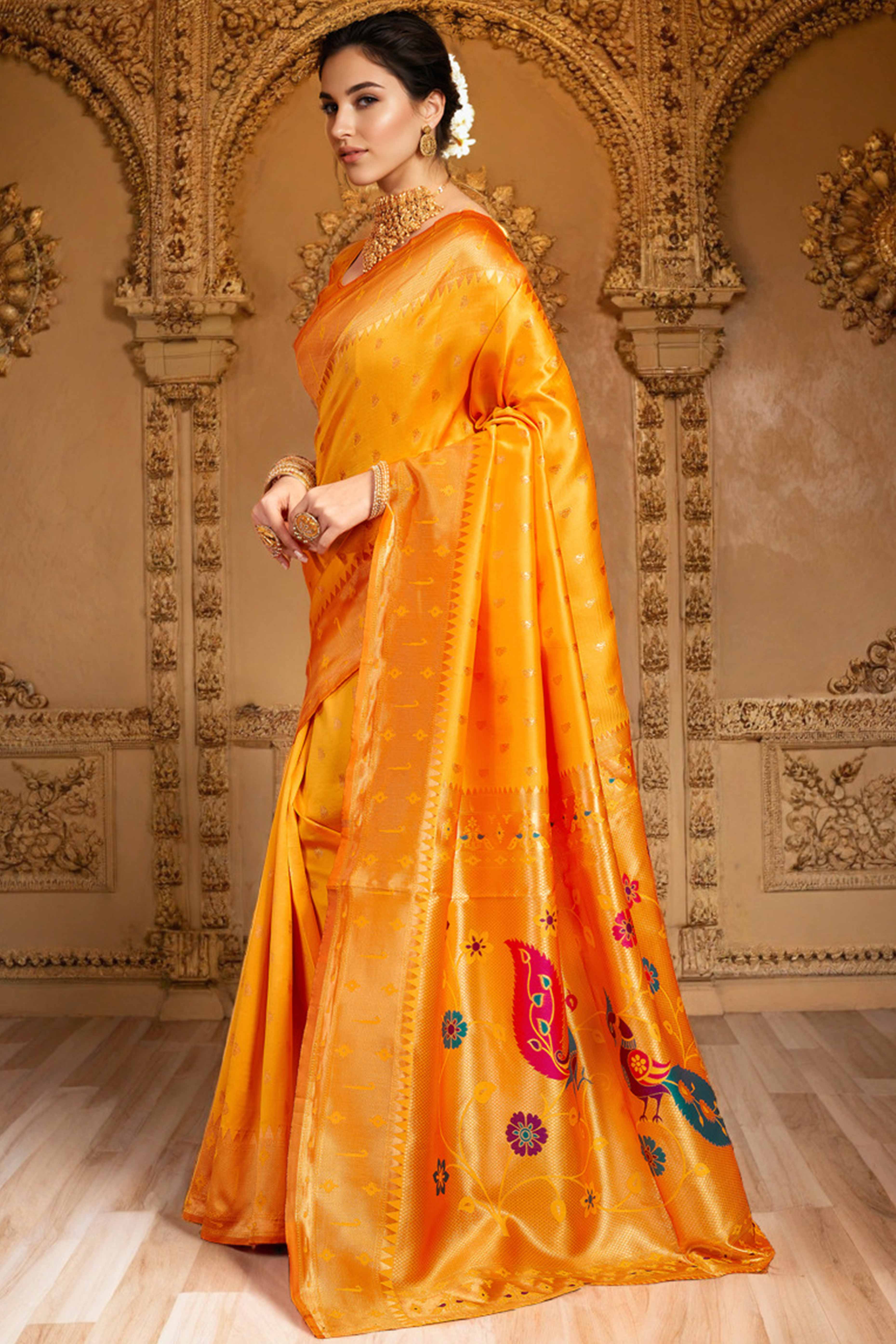 Orange Paithani Saree In Silk Blend Highlighted With Zari Woven Peacock & Floral Motifs - Image 5