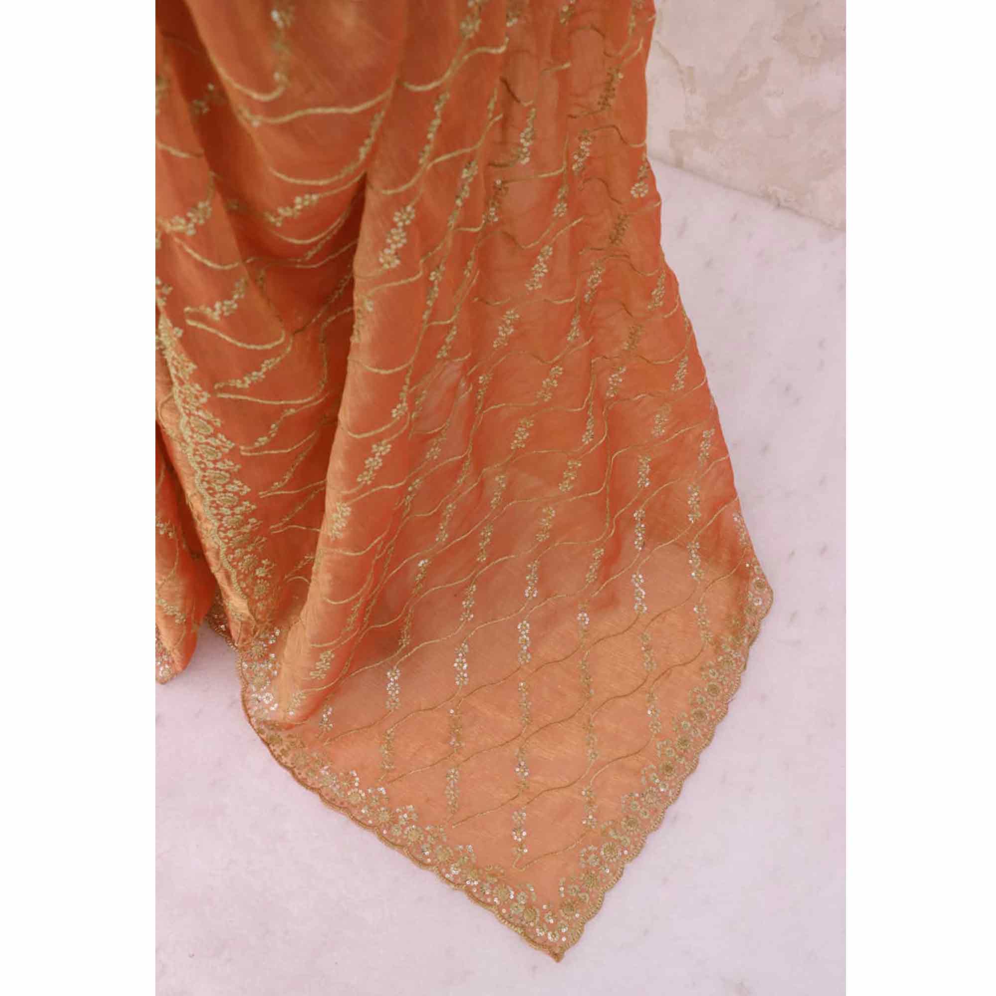 Orange Partywear Organza Chiffon Silk Saree Highlighted with Fine Sequins Detailing - Image 8