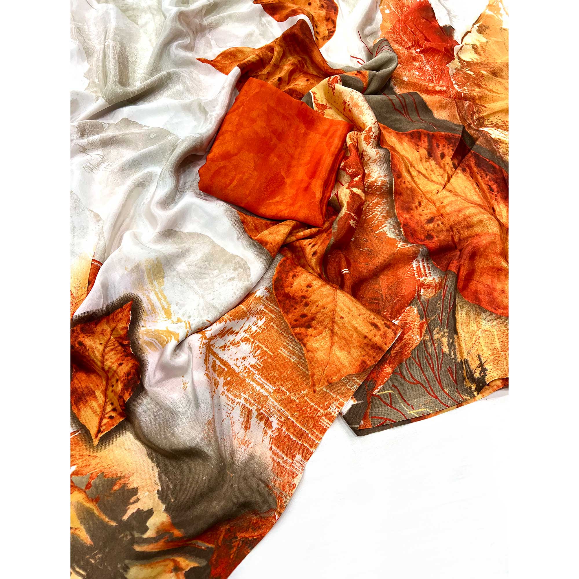 Orange Printed Crepe Silk Saree - Image 3