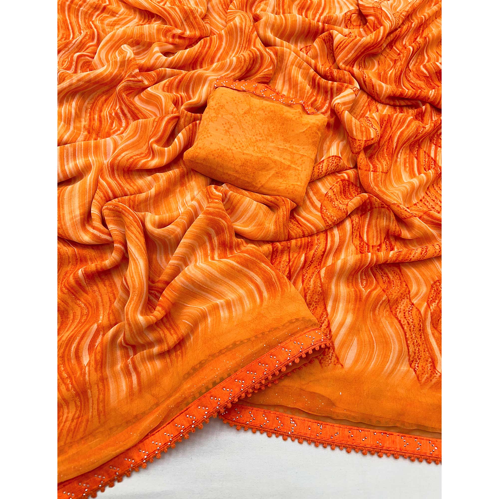 Orange Printed Georgette Saree With Fancy Lace Border - Image 3