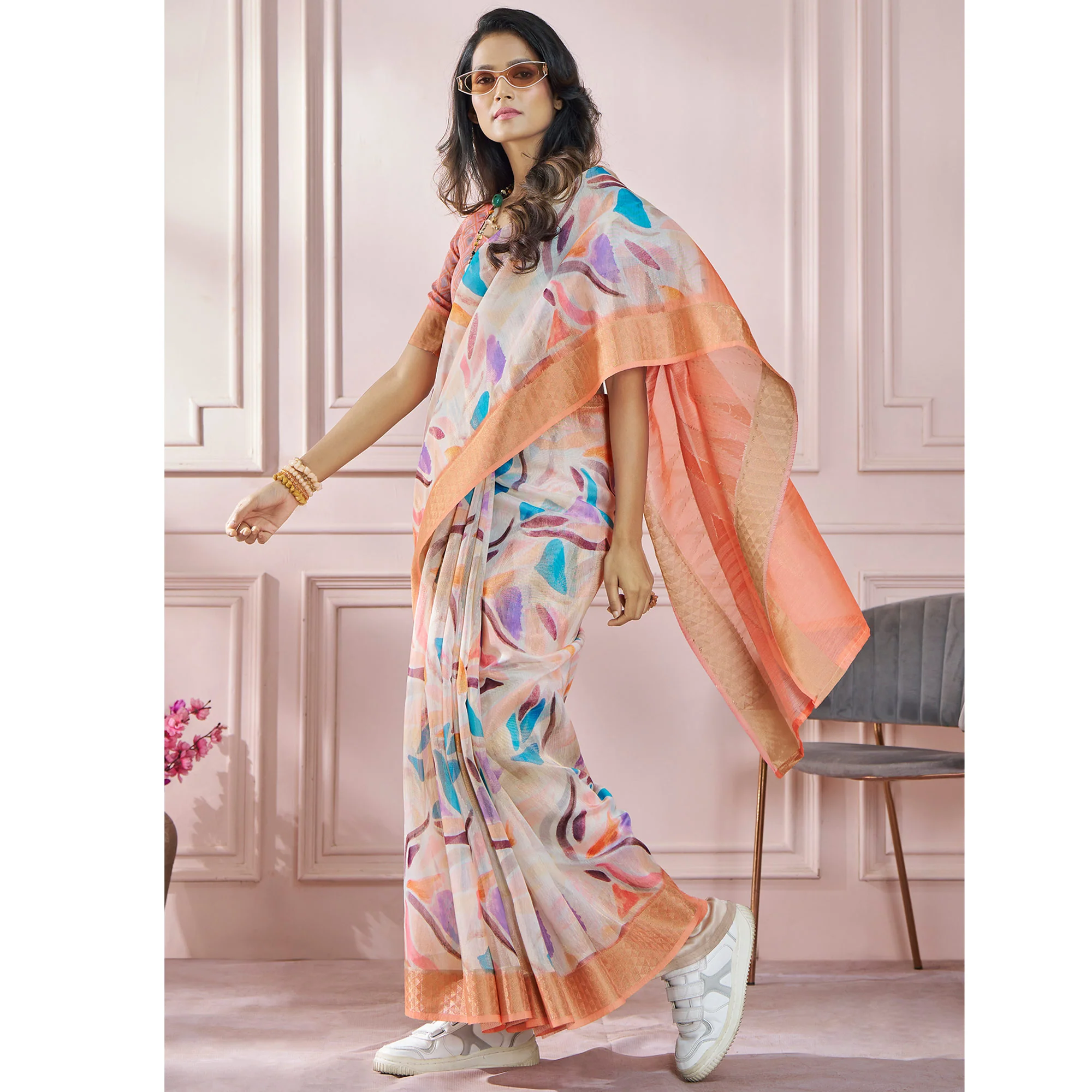 Orange Printed Woven Soft Banarasi Silk Saree - Image 3