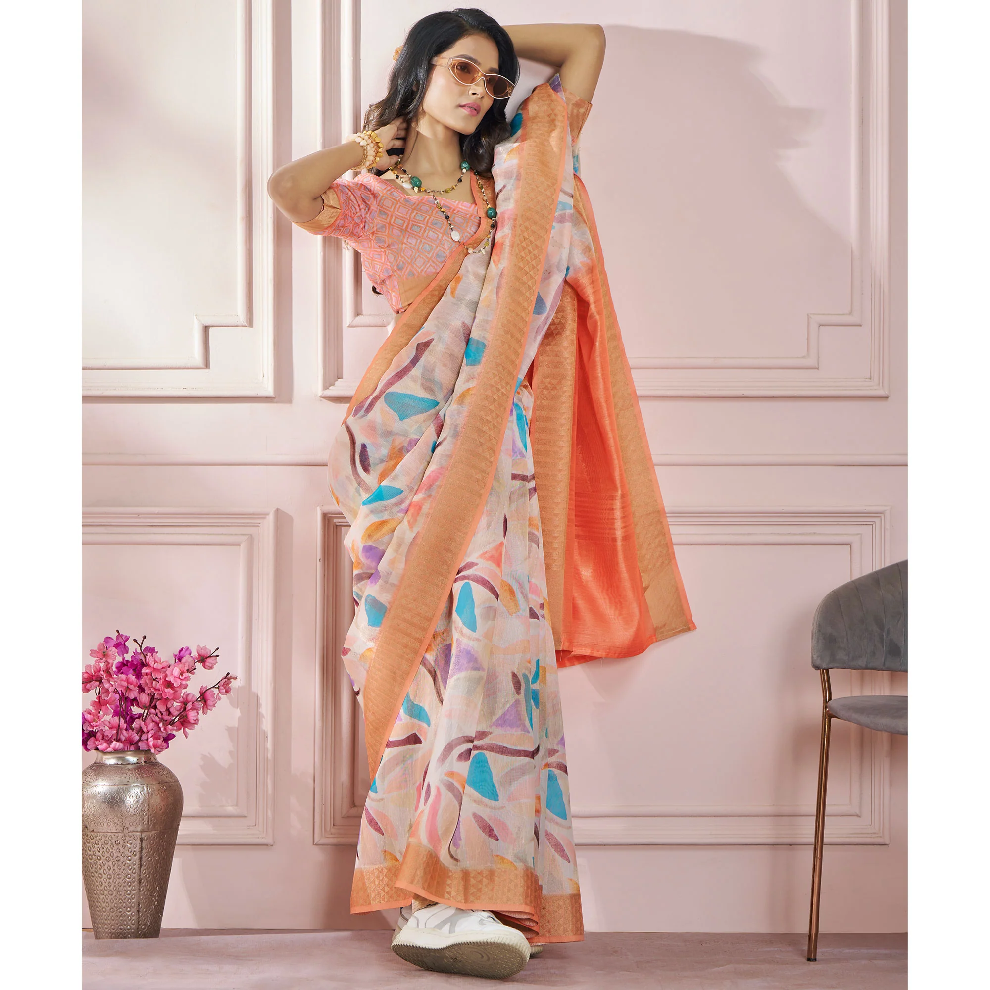 Orange Printed Woven Soft Banarasi Silk Saree - Image 4