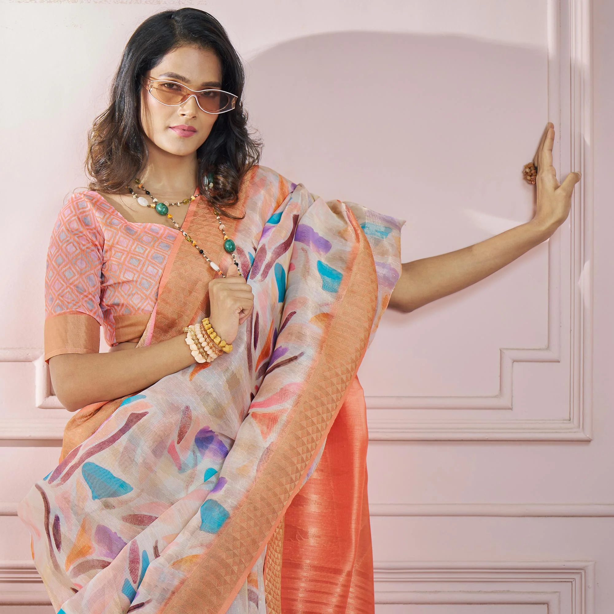 Orange Printed Woven Soft Banarasi Silk Saree - Image 5