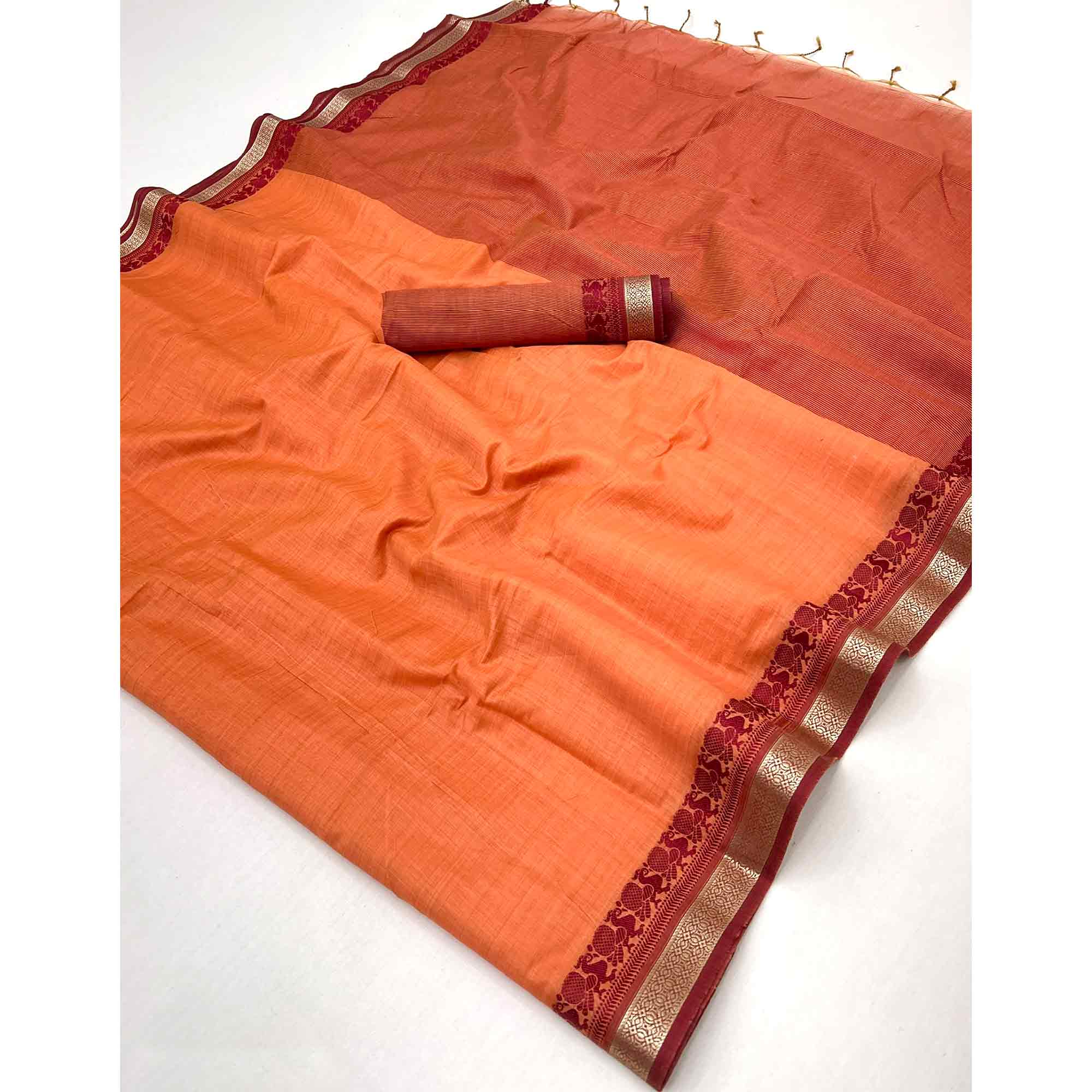 Orange Pure Handloom Silk Saree with an Elegantly Woven Jacquard Border - Image 3