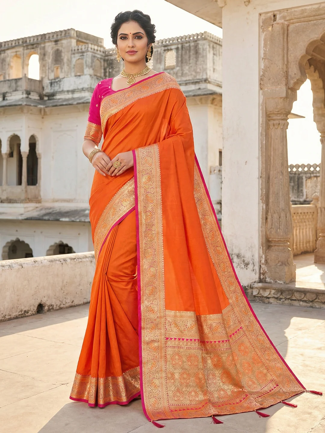Orange Pure Silk Saree with Elegant Woven Border and Ready Stitched Blouse Piece