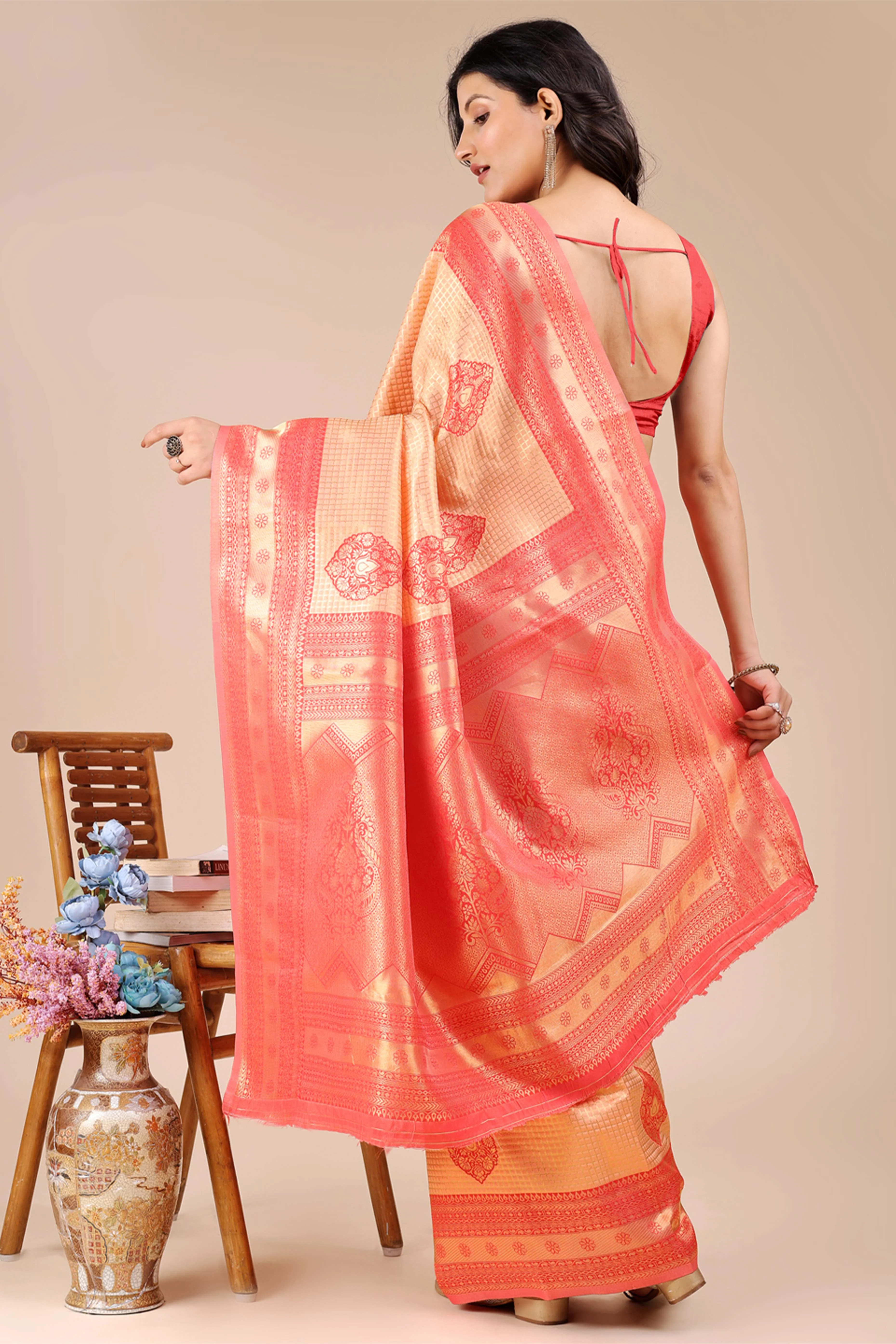 Orange & Red Saree in Pure Banarasi Silk with Intricate Zari Borders and Motifs - Image 5
