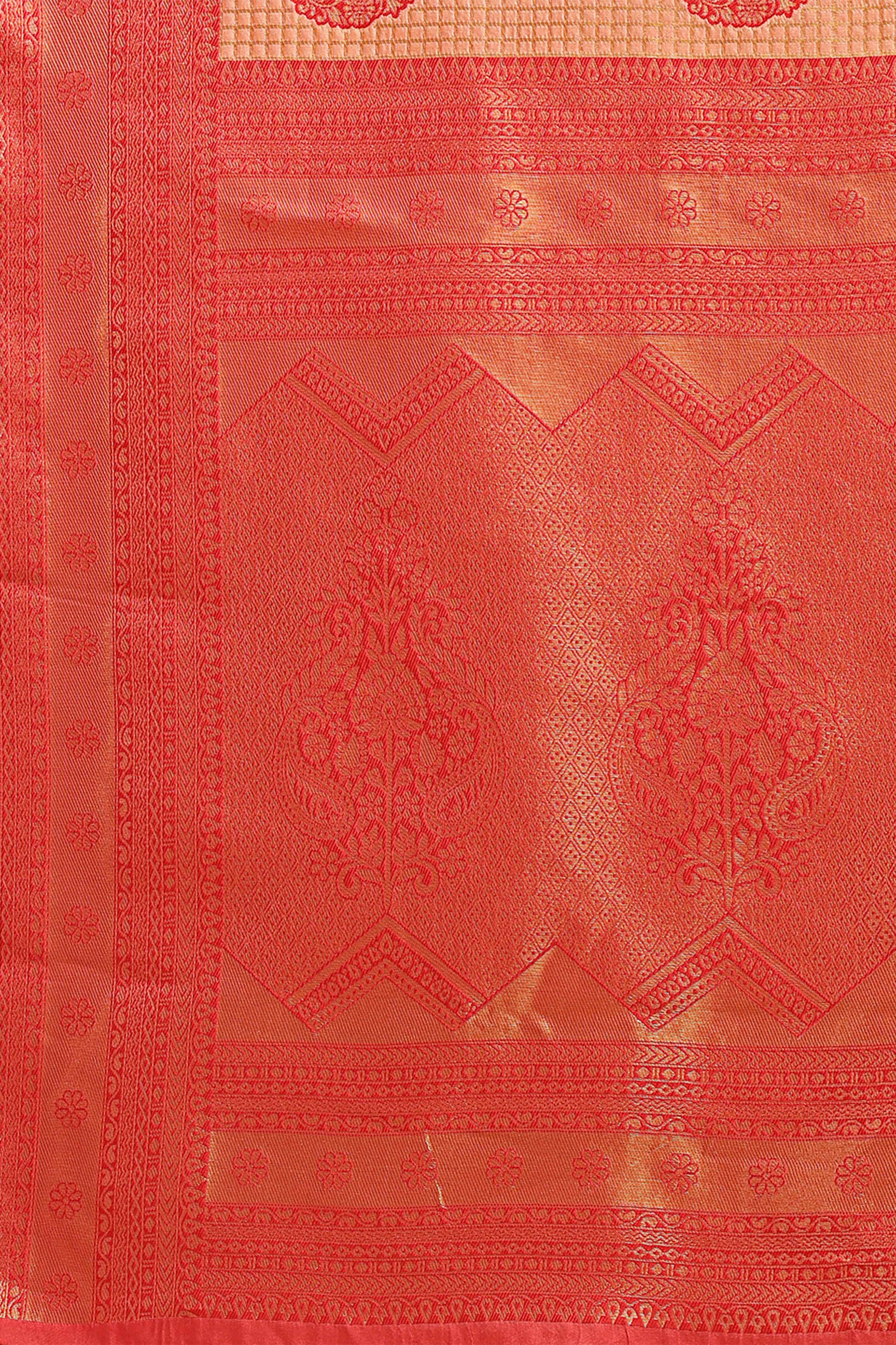 Orange & Red Saree in Pure Banarasi Silk with Intricate Zari Borders and Motifs - Image 6