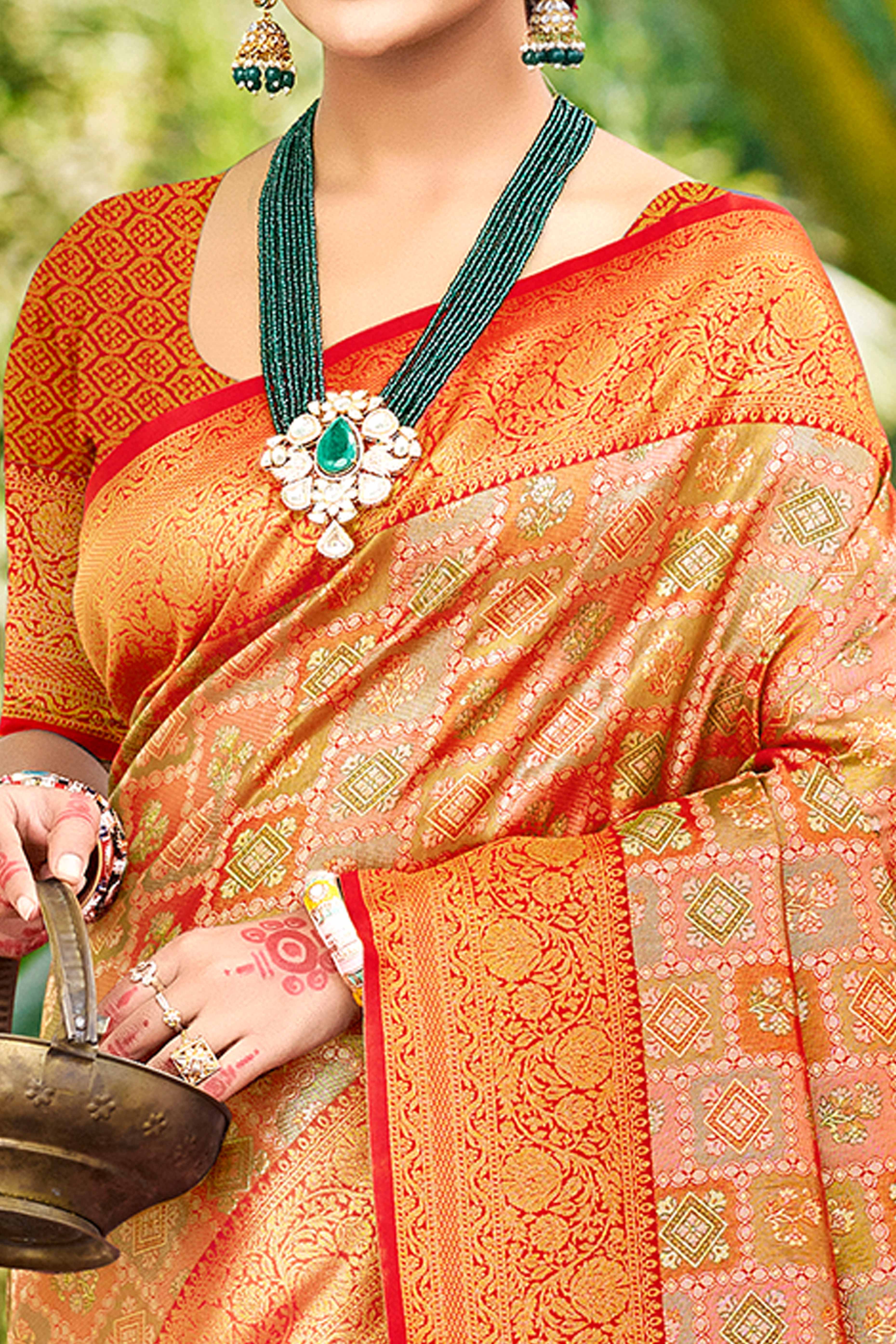 Orange Silk Blend Dharmavaram Saree Featuring Ornate Floral Weaves & Tassels Pallu - Image 2