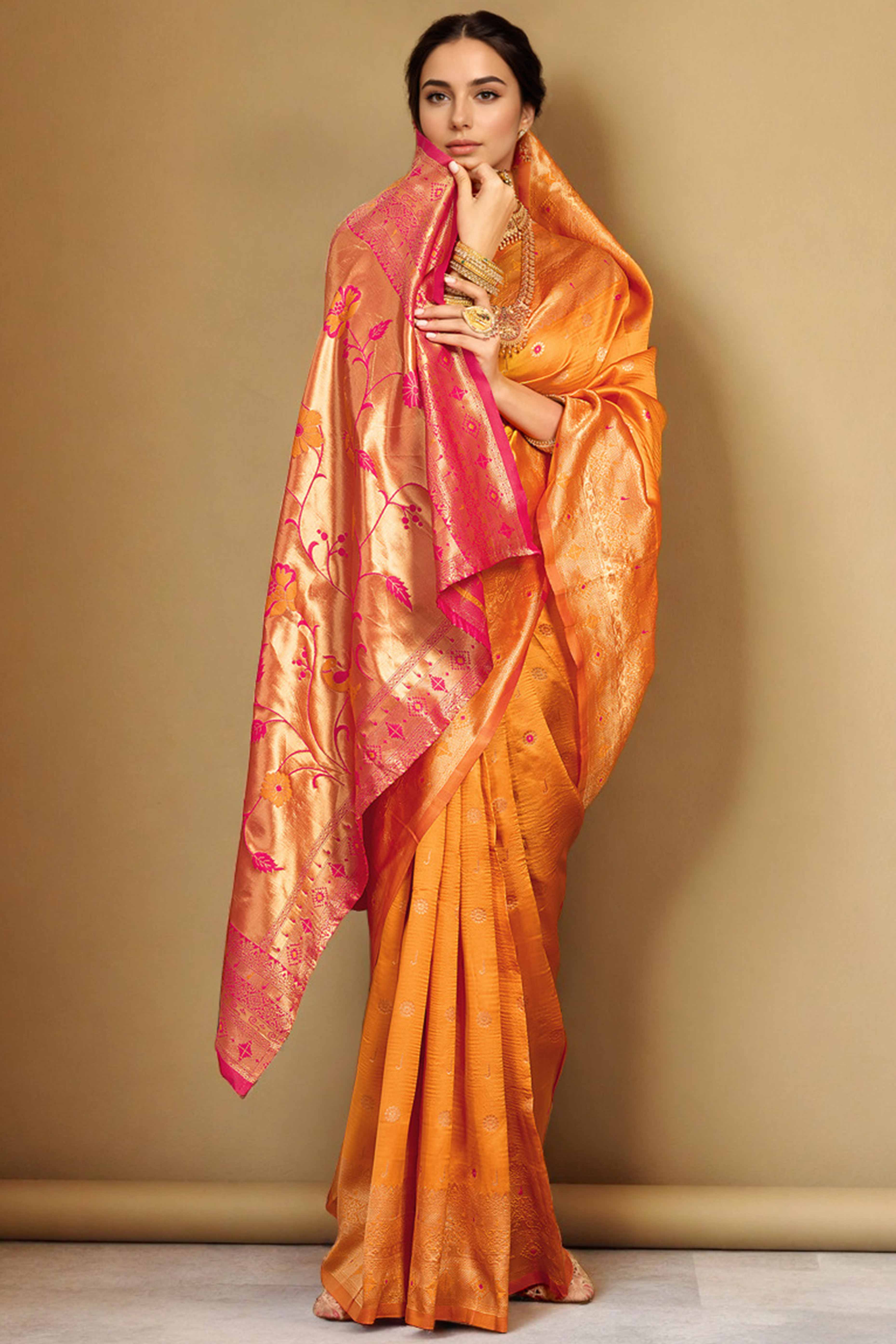 Orange Silk Blend Saree With Traditional Paithani Zari Weaving Of Peacock & Floral Designs - Image 3