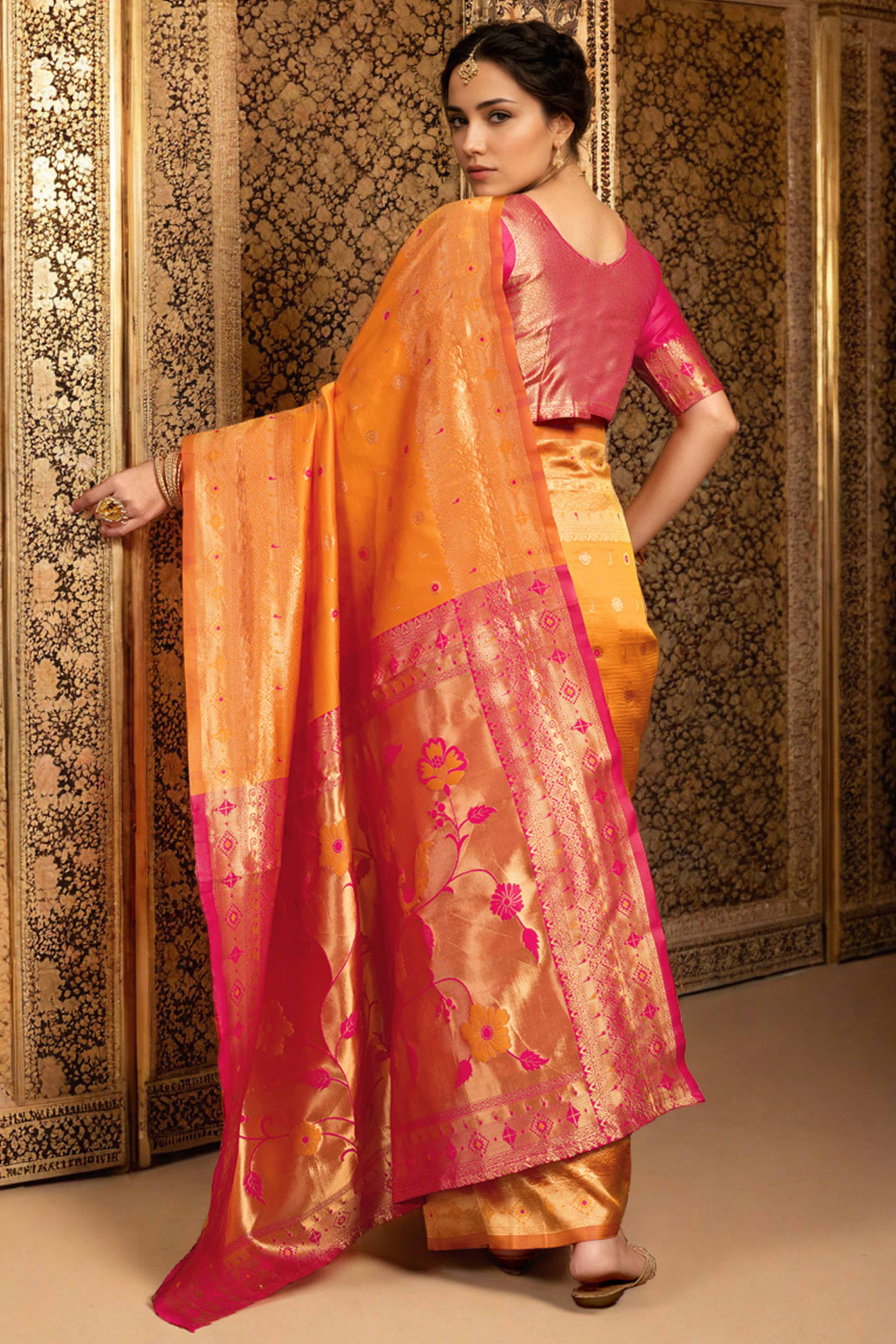 Orange Silk Blend Saree With Traditional Paithani Zari Weaving Of Peacock & Floral Designs - Image 5