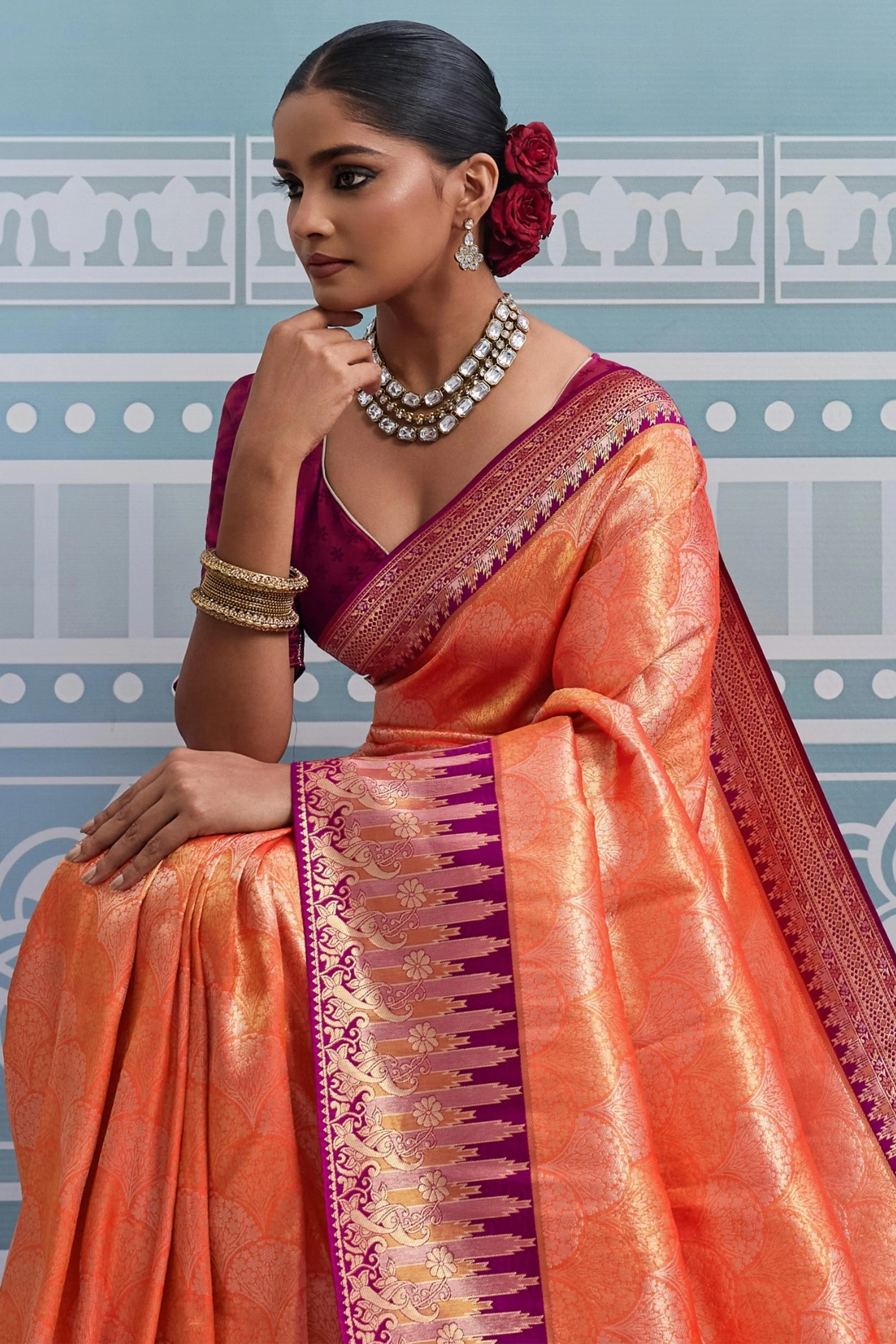 Orange Soft Kanjivaram Silk Saree with Classic Zari Weaving for Elegant Styling - Image 5