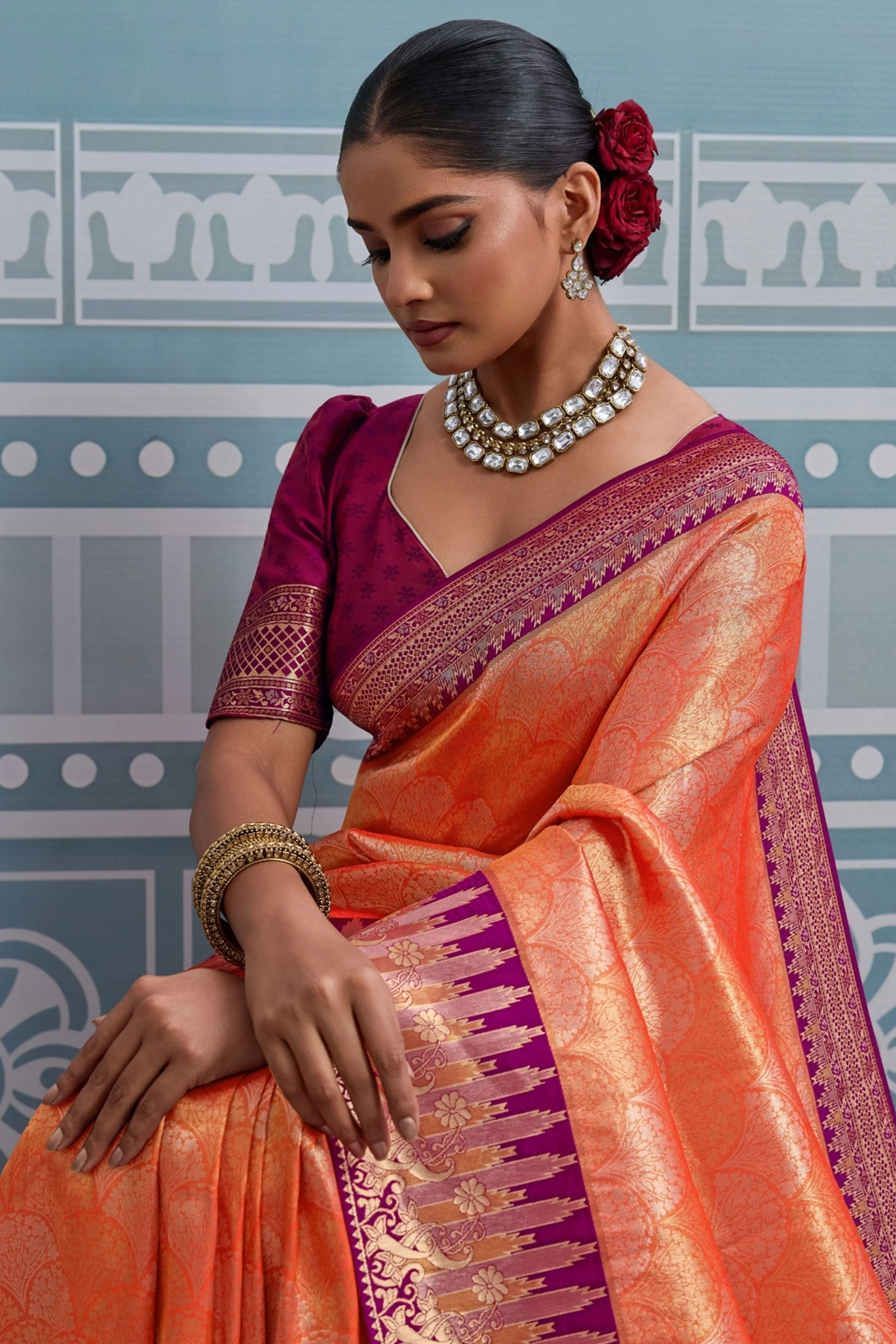 Orange Soft Kanjivaram Silk Saree with Classic Zari Weaving for Elegant Styling - Image 6