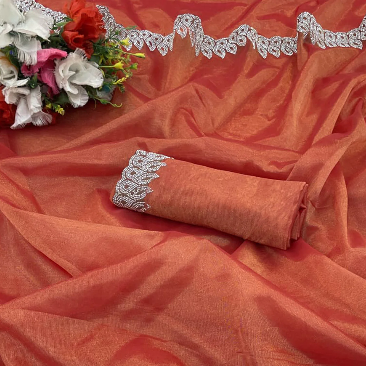 Orange Stone Work Embroidered Twill Gold Net Saree - Image 2
