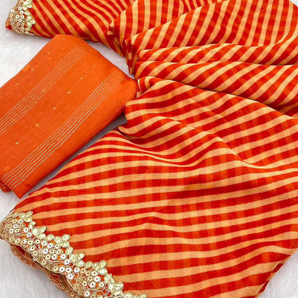 Orange Striped Printed Chiffon Saree With Sequins Embroidered Border - Image 2