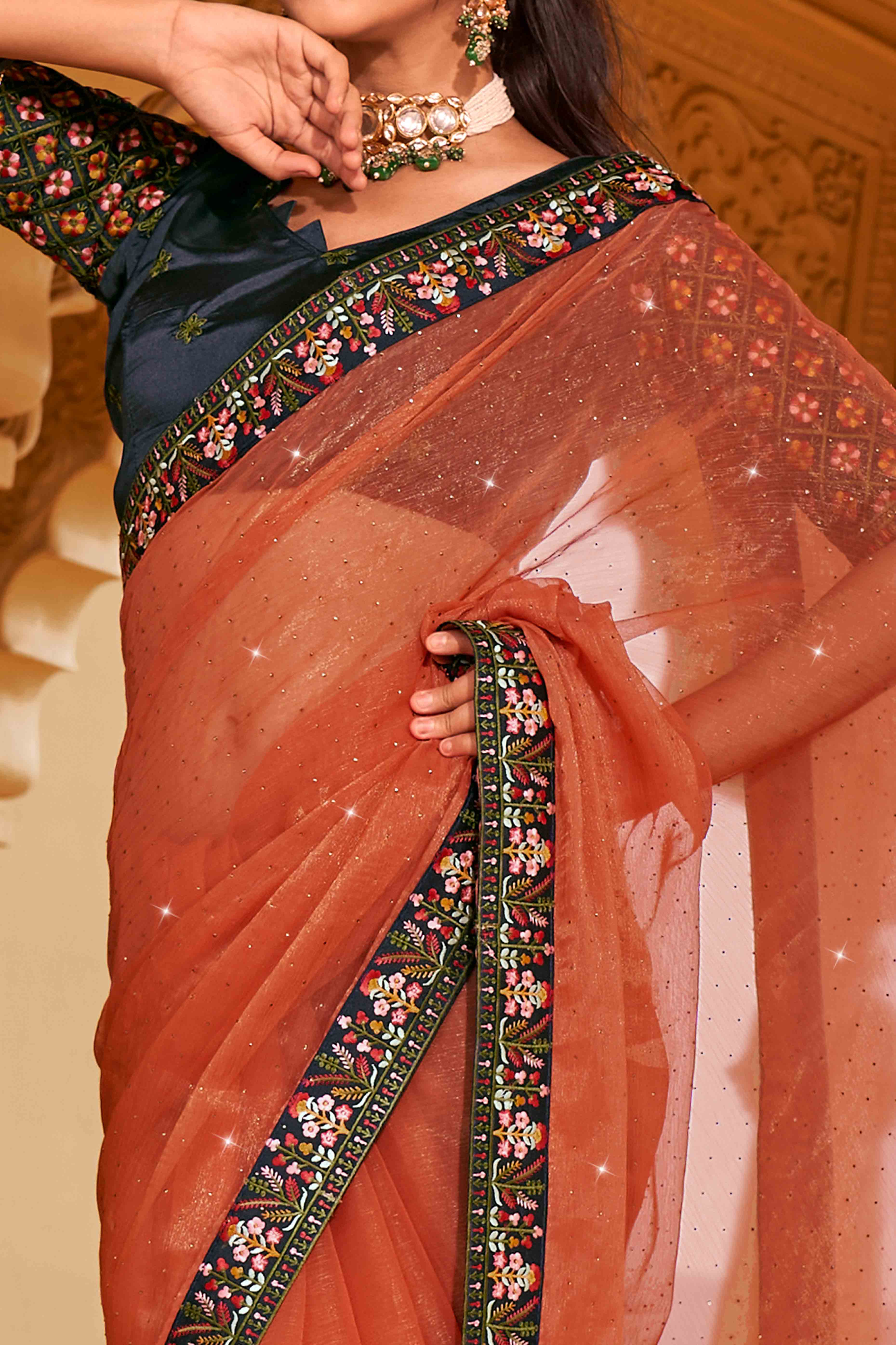 Orange Swarovski Work Embroidered Shimmer Saree - Image 2