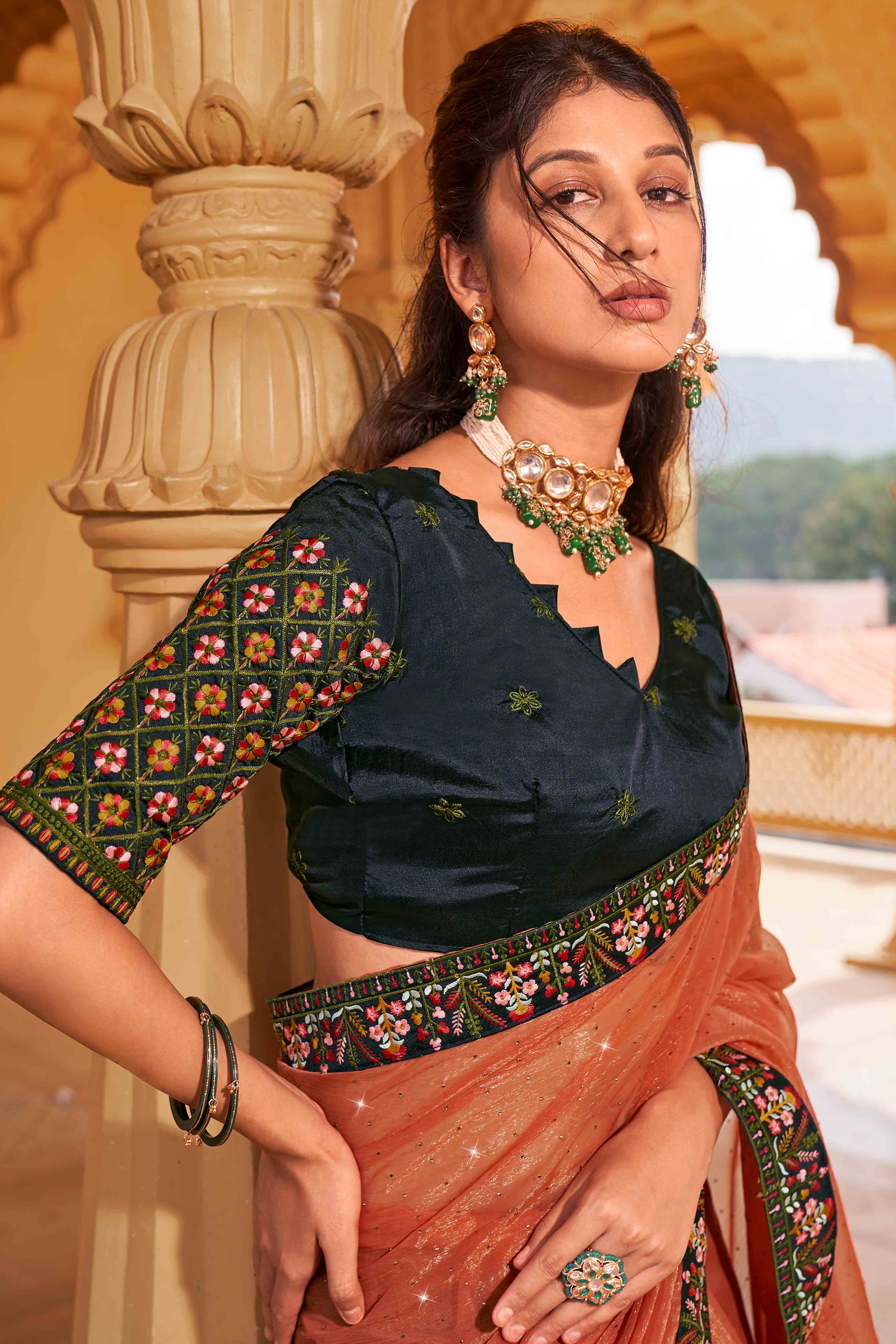 Orange Swarovski Work Embroidered Shimmer Saree - Image 3