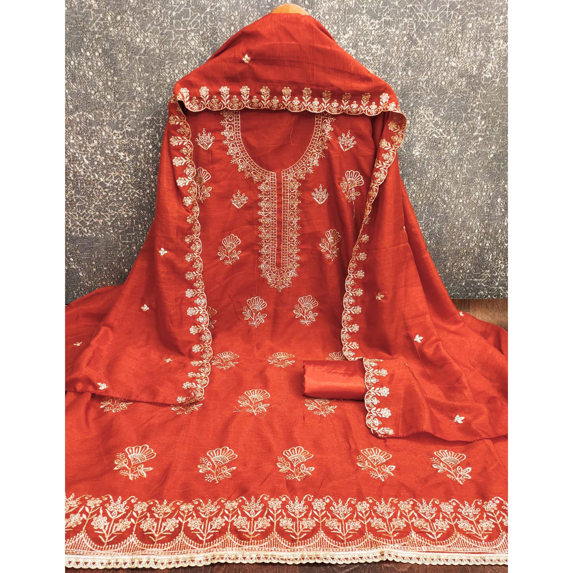 Orange Thread Embroidered Vichitra Silk Dress Material Perfect for Party & Festive Wear - Image 4