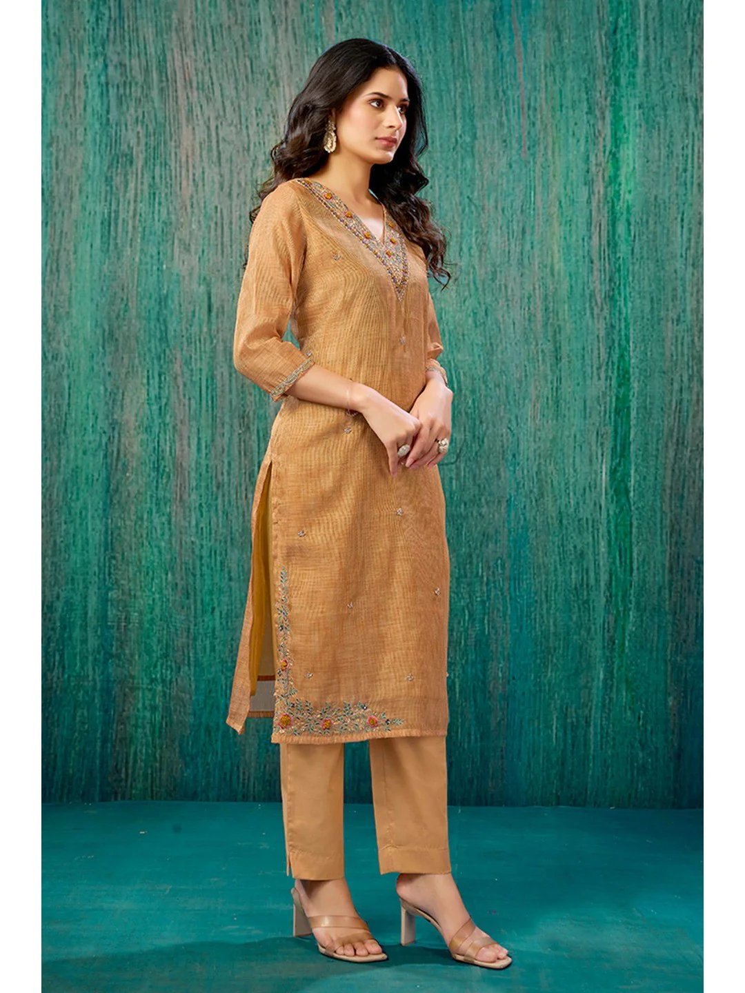 Orange Thread Work Embroidered Linen Straight Salwar Suit - Image 5