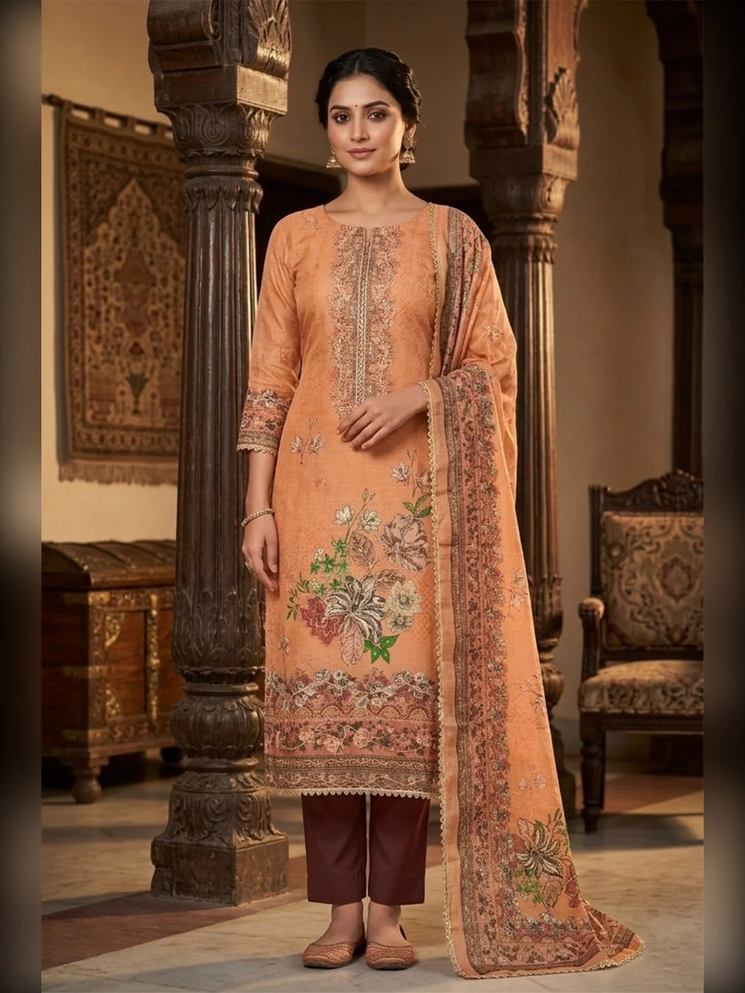 Orange Viscose Digital Printed Dress Material with Embroidery