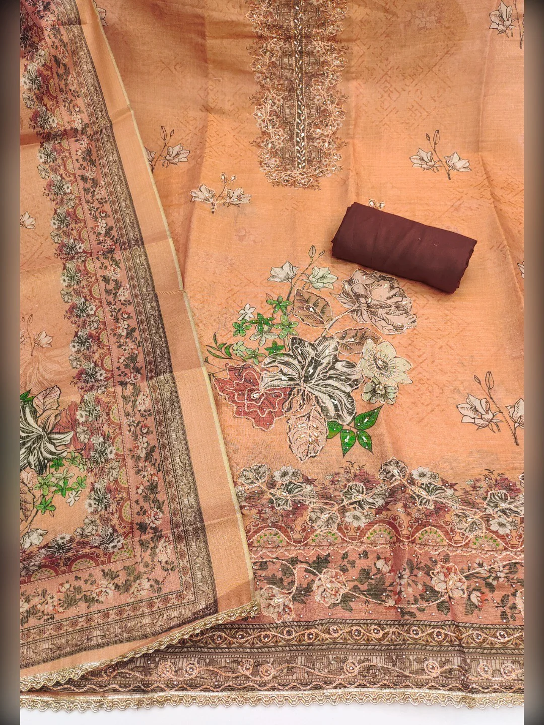 Orange Viscose Digital Printed Dress Material with Embroidery - Image 2