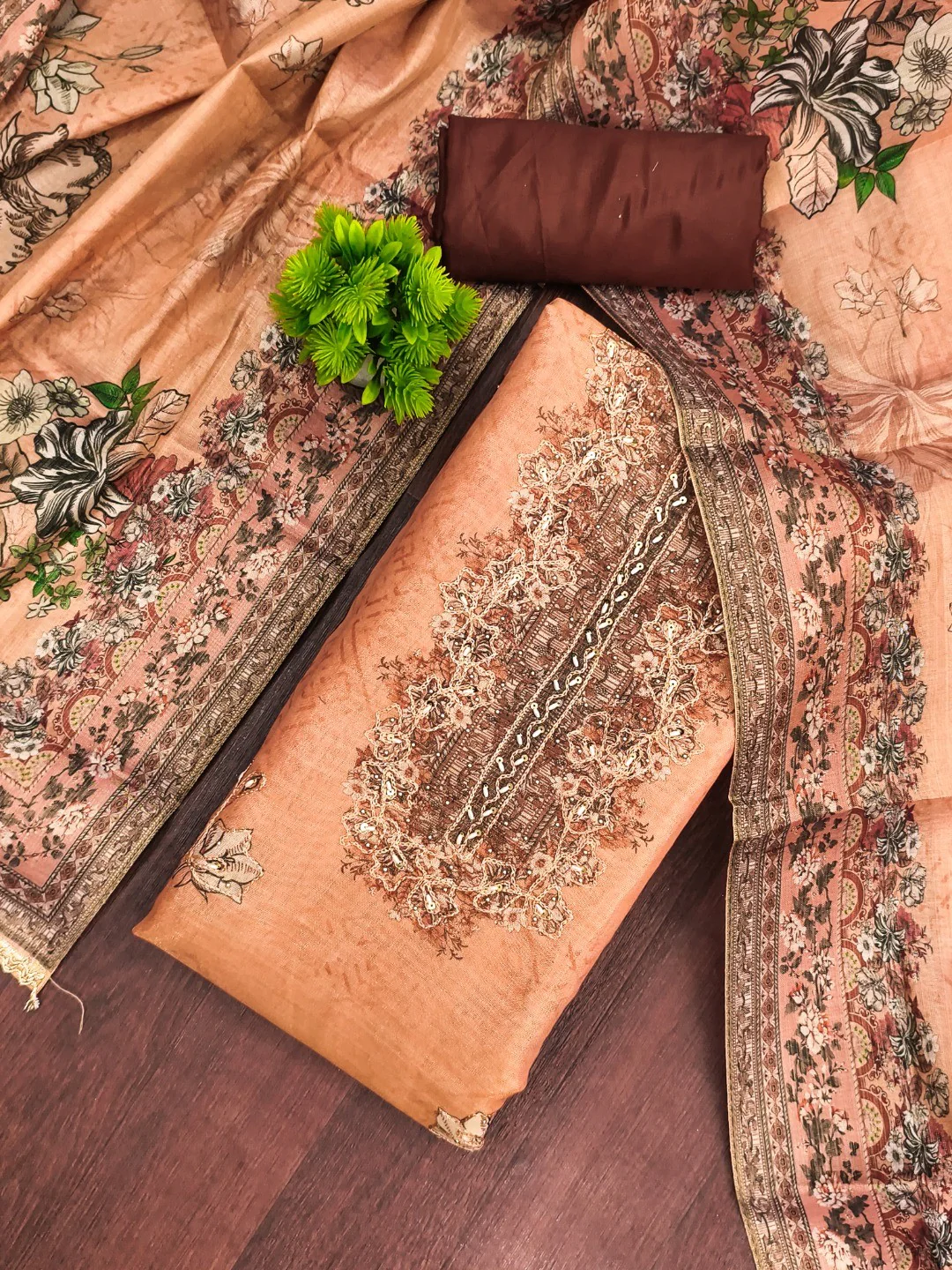 Orange Viscose Digital Printed Dress Material with Embroidery - Image 3