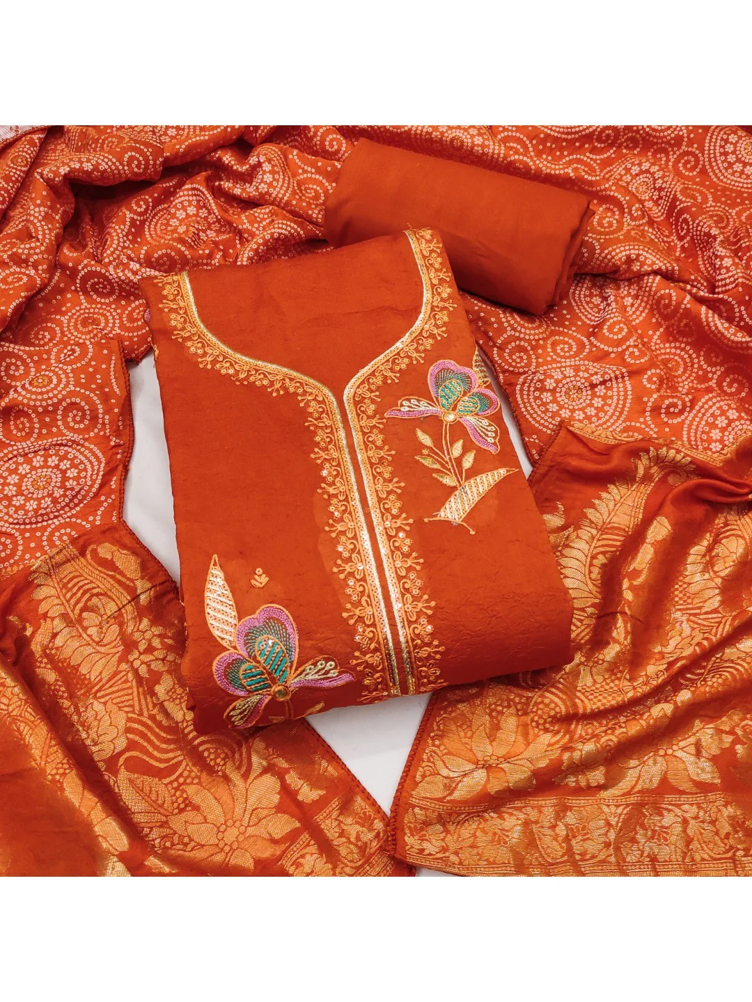 Orange Viscose Unstitched Suit Material with Elegant Floral Embroidery Work - Image 2