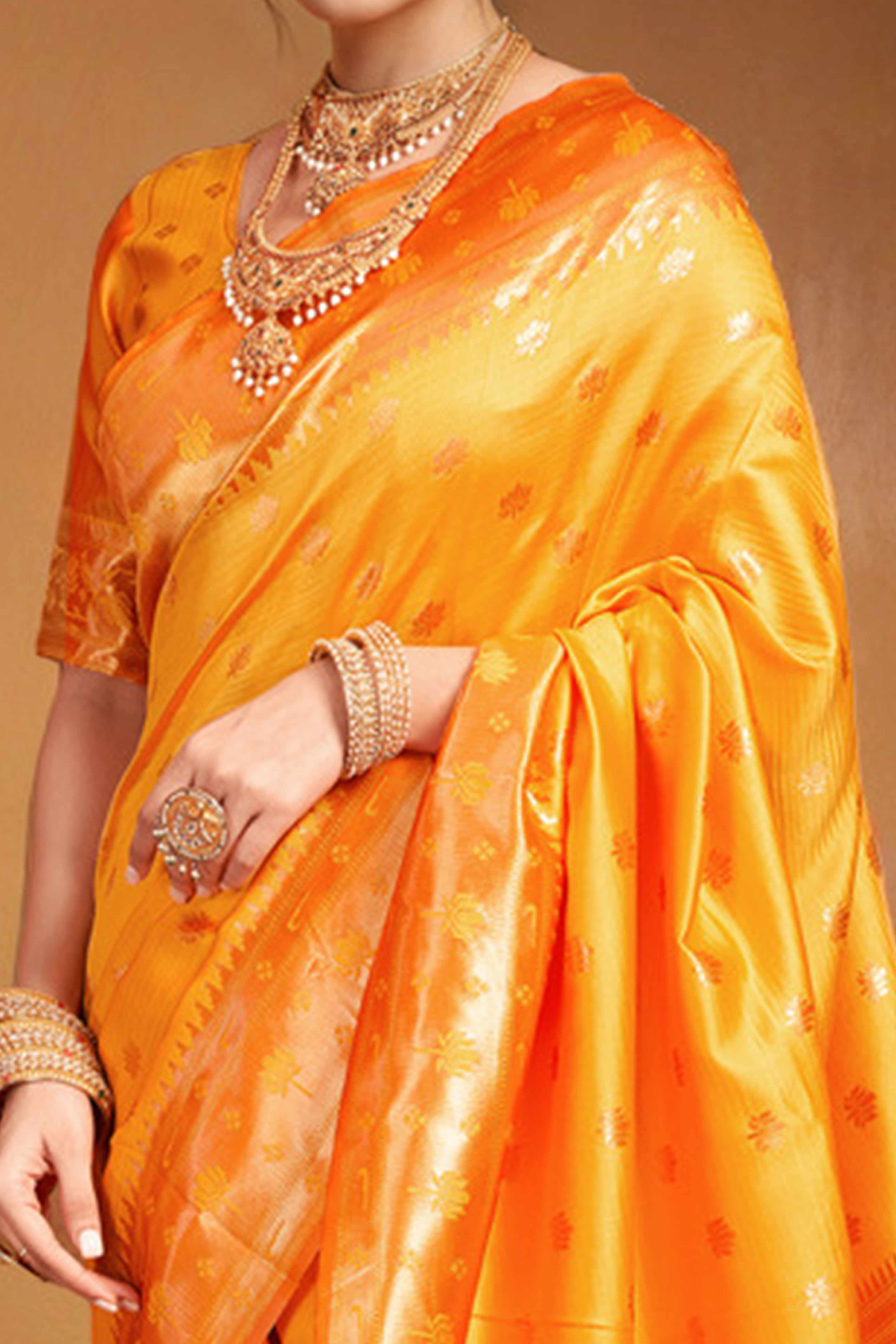 Orange Weaving Silk Blend Paithani Saree With Floral & Parrot Motif Pallu - Image 2