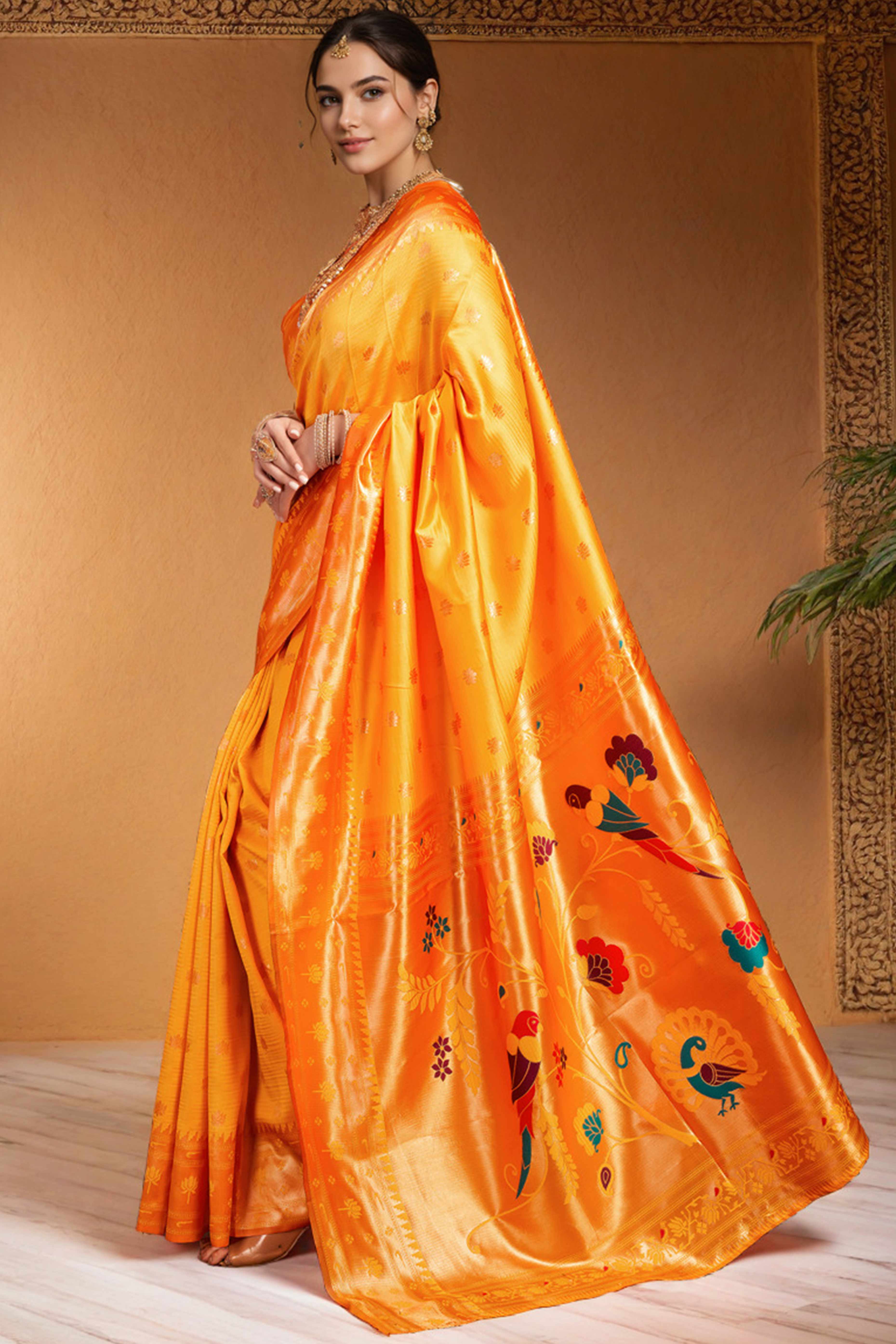 Orange Weaving Silk Blend Paithani Saree With Floral & Parrot Motif Pallu - Image 5